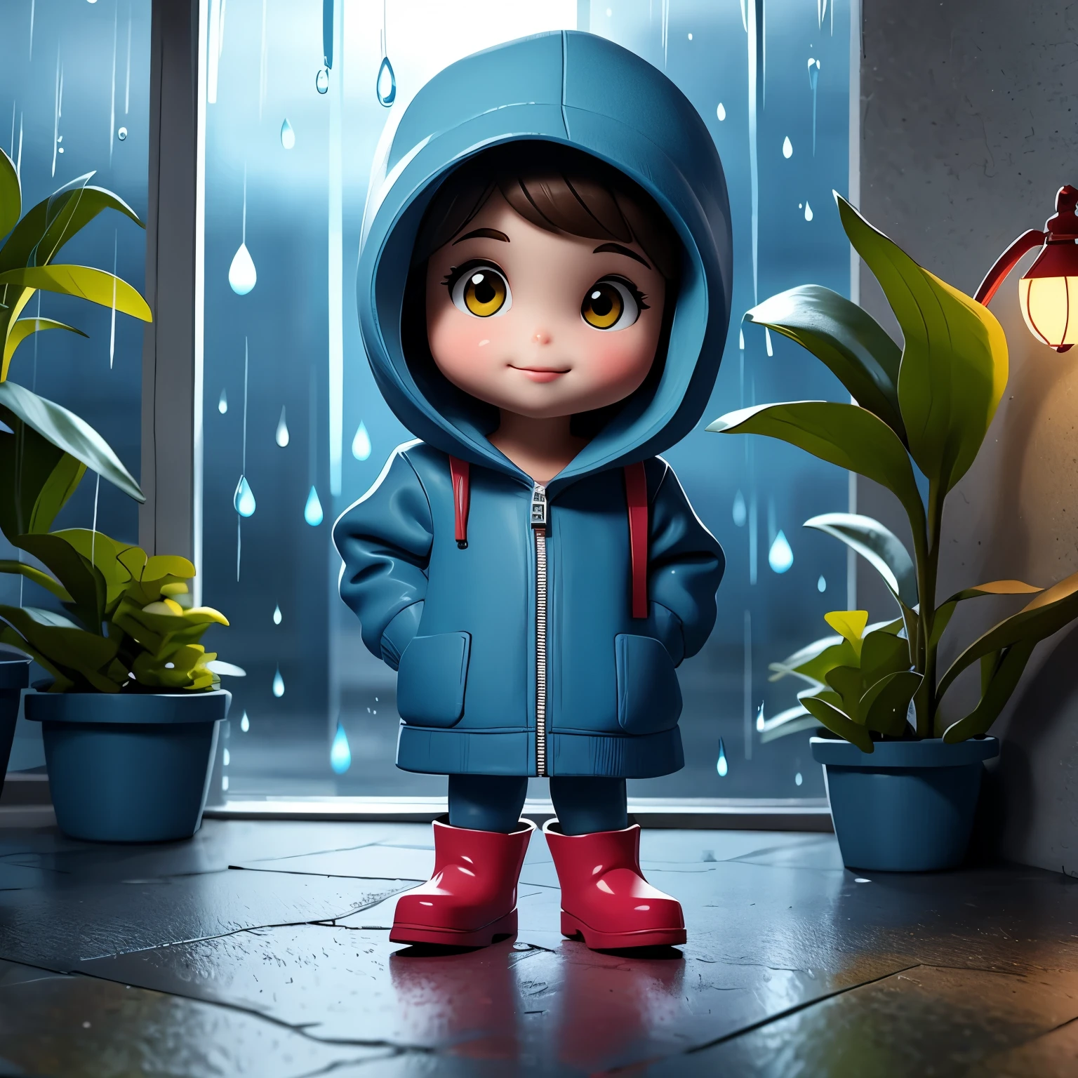 (masterpiece, best quality:1.2),window，Miniature cartoon character on windowsill, alone，3D dolls，hands in pockets，Wearing hat and raincoat,blue rain boots,  mini，Brilliant lighting，outdoor background，rich colors，