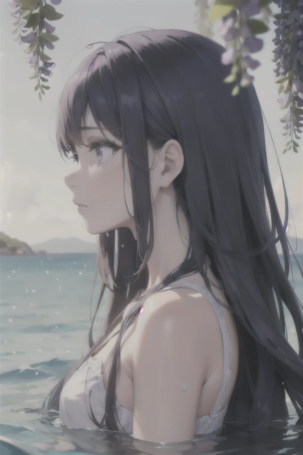 1 girl、Gaze to the side、Profile up、tears、ultramarine hair、beautiful、In the sea、sad expression、long hair、beautifulまつ毛、purple eyes、flowing wisteria