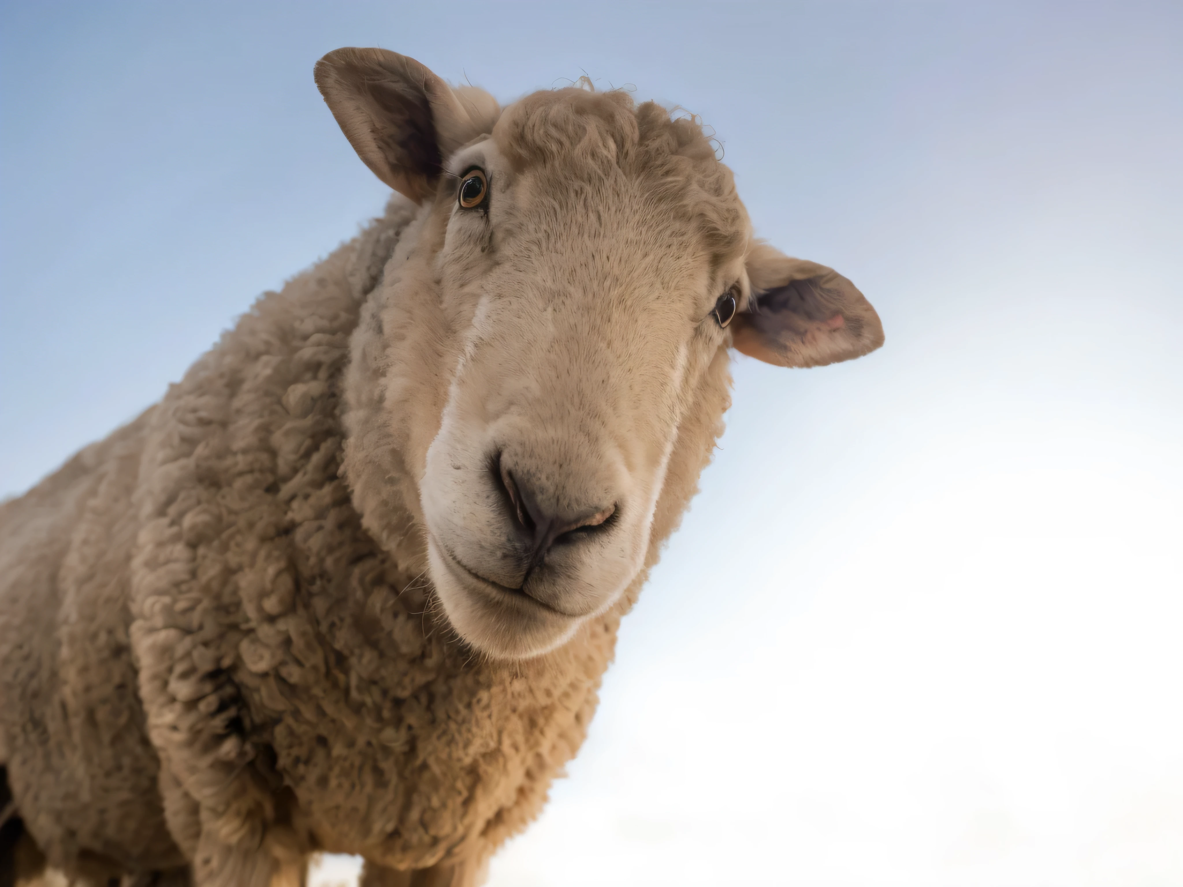 there is a sheep that is looking at the camera, sheep, closeup portrait shot, looking straight to the camera, looking straight to camera, looks directly at camera, looking directly at the camera, looking towards the camera, sheep wool, closeup portrait, close - up portrait shot, smug look, stares at the camera, inquisitive, inquisitive look