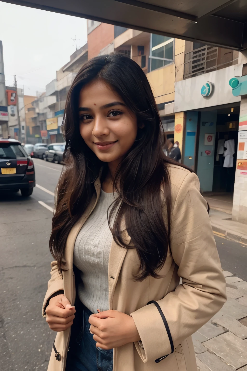 An Indian girl who is a manager having fair complexion long hair beautiful eyes with a smiling face having an age of 22 year Who is wearing coat pant