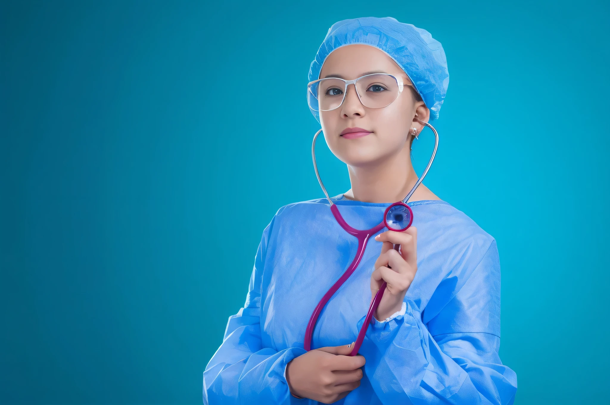 arafed female doctor in blue scrub suit and protective glasses holding a stethoscope, with a stethoscope, medical doctor, healthcare worker, surgical gown and scrubs on, doctor, nurse girl, medical photography, stethoscope, nursing, wearing lab coat and glasses, portrait of a female pathologist, surgeon, stethoscope!, (doctor), nurse