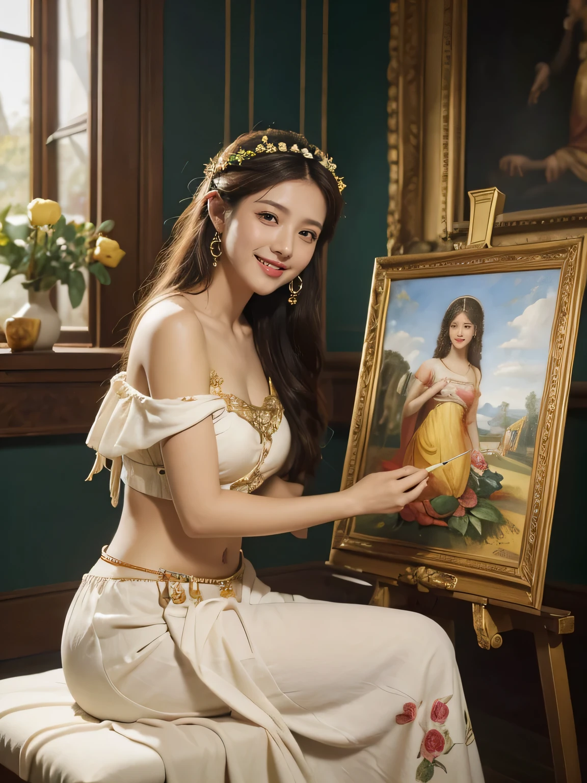 Giorgione painting style,roses in vase、fruits、Cute trinkets、smile、ancient greek costume、Clothes that stretch your shoulders、A big smile、beautiful bare skin,Female painter painting oil in her studio,Woman painting in oil with oil brush and palette,Woman painting oil on canvas