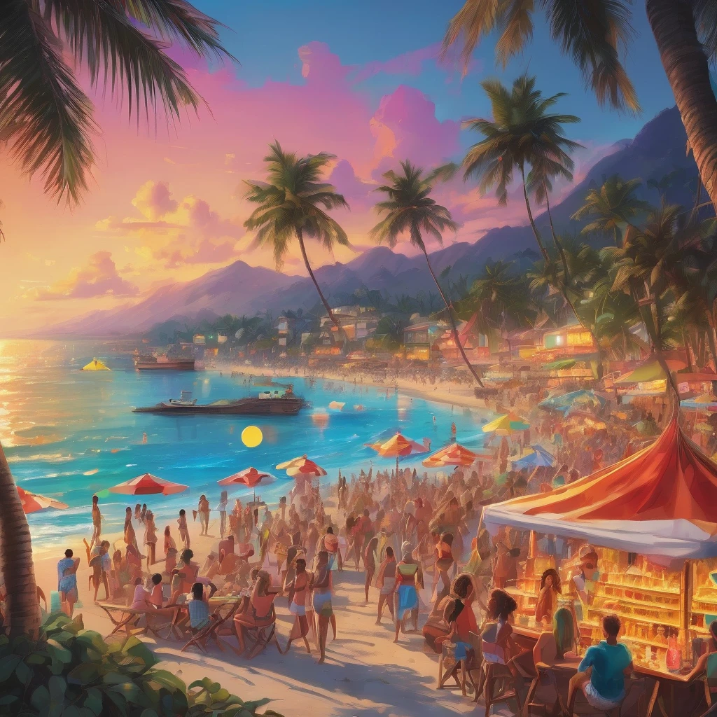 a crowded beach with people dancing and enjoying the parties, aesthetic, extremely detailed, colorful umbrellas and beach chairs, refreshing drinks and cocktails, upbeat music playing in the background, beach volleyball game in progress, children building sandcastles, beautiful sunset view on the horizon, palm trees swaying in the breeze, clear blue waters with waves crashing on the shore, people wearing swimsuits and sunglasses, vibrant and energetic atmosphere, happy and smiling faces, sandy beach with seashells scattered around, sunscreen lotion and towels, beach bonfire with people roasting marshmallows and singing, fireworks lighting up the sky, beachside bar serving tropical drinks, laughter and joyful conversations, cool ocean breeze, vibrant and dynamic colors, golden sunlight reflecting on the water, beachside food stalls offering delicious snacks and seafood, beach parties decorations with banners and balloons. (best quality,4k,8k,highres,masterpiece:1.2),ultra-detailed,(realistic,photorealistic,photo-realistic:1.37), HDR, UHD, studio lighting, extreme detail description, professional, vivid colors, bokeh, beach , portraits, landscape