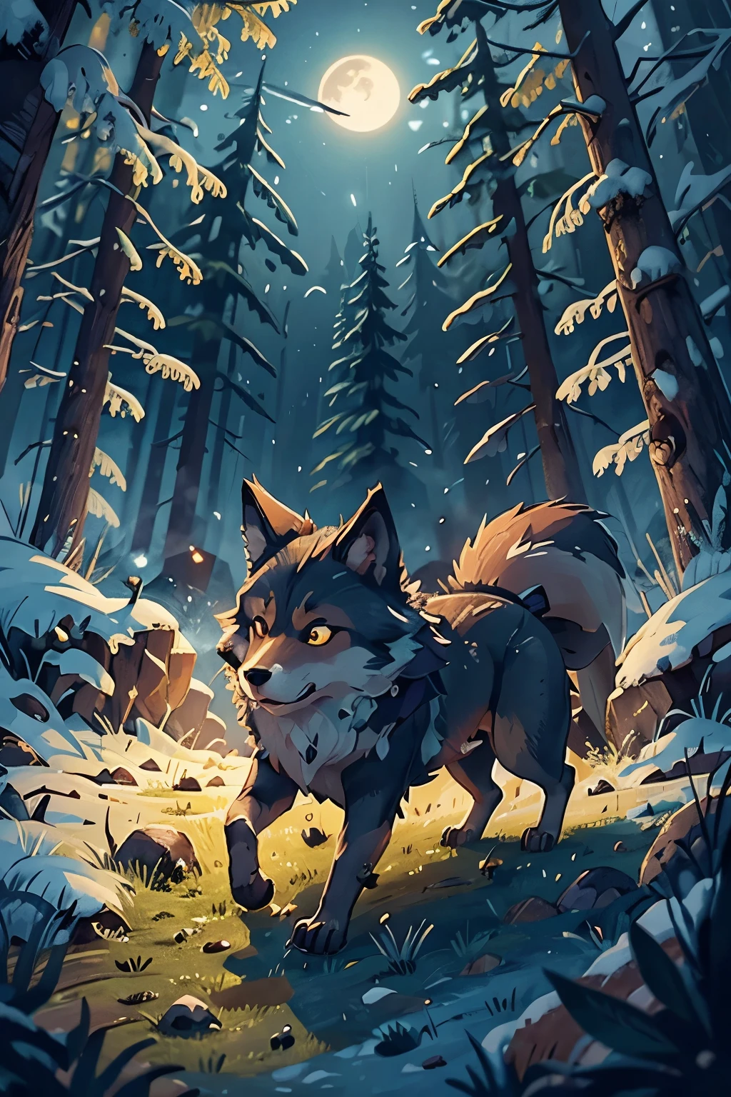 a wolf hunting at night