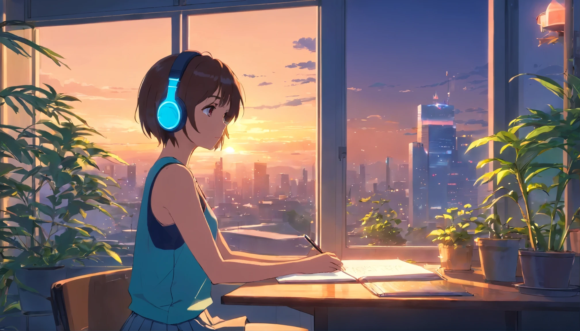 anime girl with headphones looking out a window at a city, lofi girl, anime vibes, lofi artstyle, anime style 4 k, anime aesthetic, nightcore, lofi feel, lofi art, anime art wallpaper 4 k, anime art wallpaper 4k, anime wallpaper 4 k, anime wallpaper 4k, lofi vibes, studying, short skirt, Tank-top, midriff-baring outfit, plants in the room, full body, have a pen, writing on a notebook, a mobile phone with screen off, a mug, a lighted candle on the table