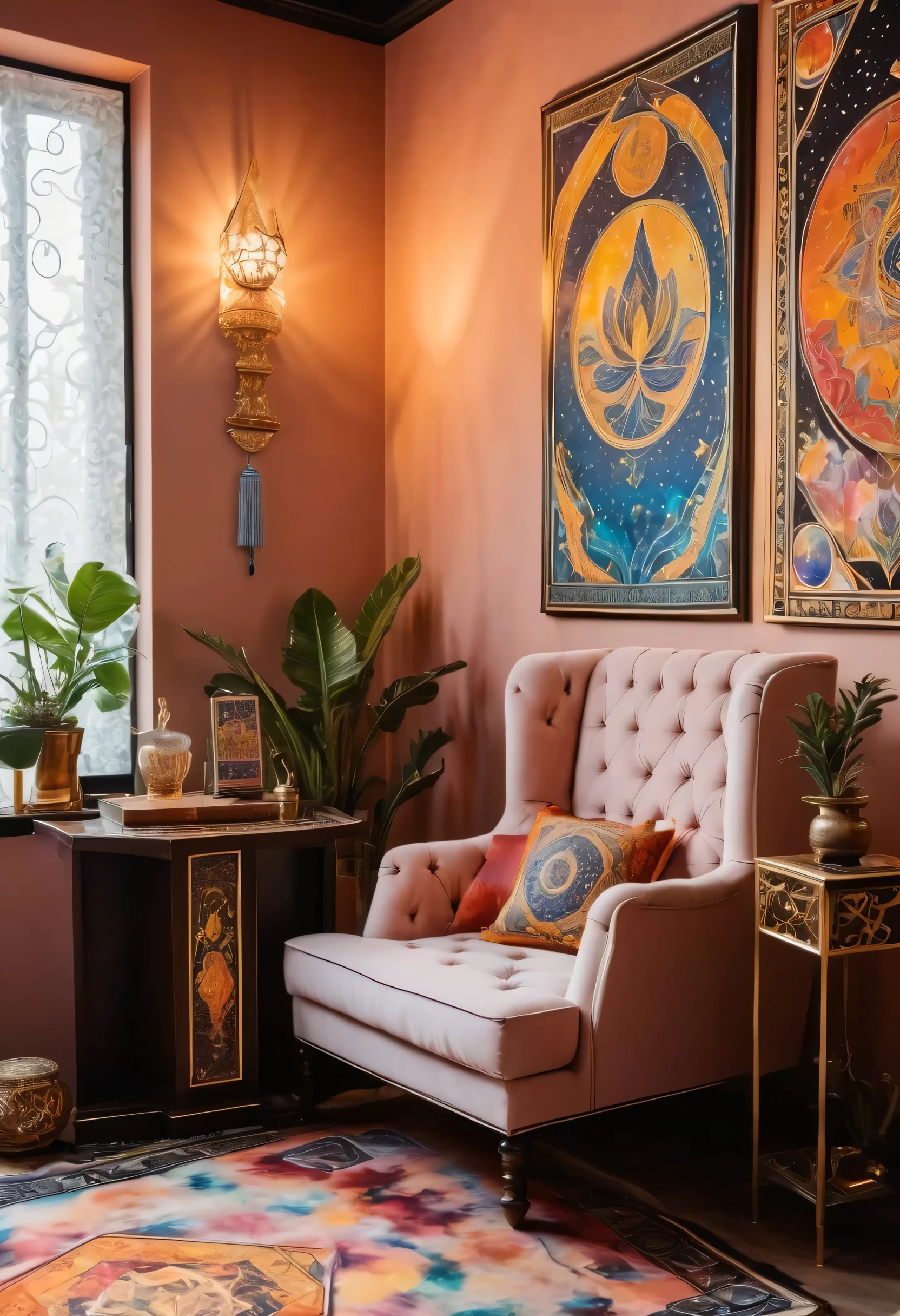 The room is a stylish office of modern design., decorated in light colors with decorative elements, addressing the theme of mysticism and sacrament. Abstract paintings hang on the walls., and in the corner of the room there is a small glass shelf with books about magic, esoterics and Tarot. A comfortable chair for clients by the window., upholstered in soft fabric, with a comfortable pillow and blanket to match the room. In the center of the room there is a table with bright fabric tablecloths and a set of tarot cards.... There are also notepads and pens on the table for taking notes during fortune telling sessions.... The lighting in the room is soft and diffused., creating a cozy and calm atmosphere. There is a small fountain with running water in the corner of the office..., creating pleasant background noise and adding a touch of relaxation to the room. The overall design of the room strives to create an atmosphere of comfort and tranquility., promoting deep immersion into the world of fortune telling and self-development.