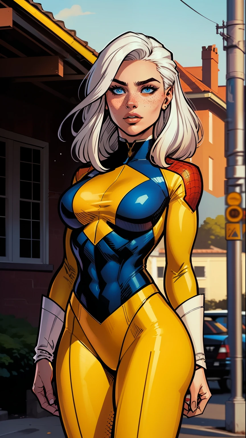 A woman, white hair, hair with bangs, 90's x-men uniform, outside, Marvel art style, comic, blue eyes, some freckles, dark yellow spandex, orange accent