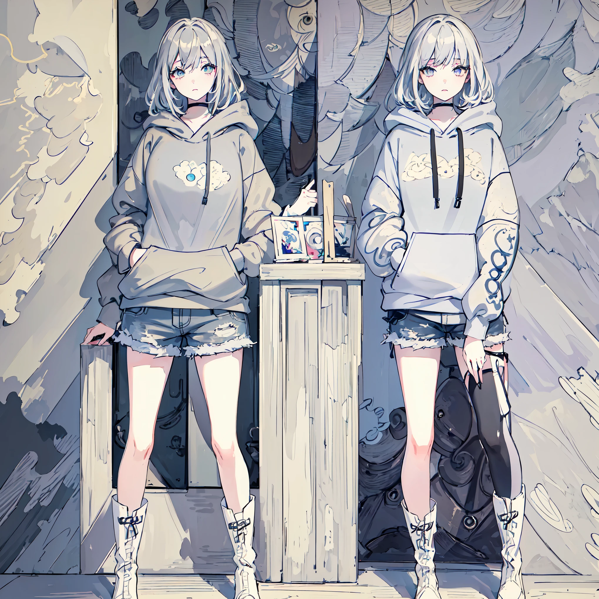 Downer girl,medium hair,gray hair,White eyes,fair skin,light makeup,lipstick,large hoodie,shorts,boots,A dull look,sketch drawing,(masterpiece:2.0),(best quality2.0),(High quality:2.0),(ultra high res),(best aesthetic),(16k),(ultra-detailed:1.2)