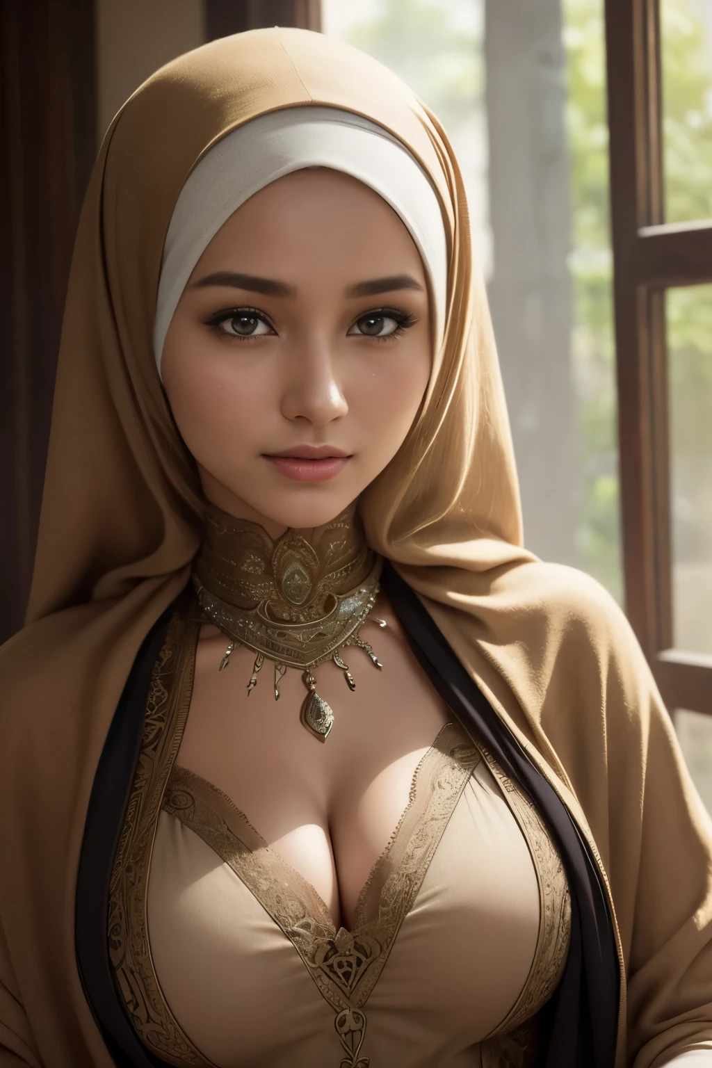 tombraider, cleavage, hijabi, Absurd, ultra-detailed, high quality, masterpiece, detailed face, beautiful eyes(detailed eyes), javanese, gentle and graceful, face exudes warmth and kindness, eyes described as soft and comforting, gentle and steady gaze, overall appearance is simple and modest, The fabric of her garments is usually depicted as soft and earth-toned, beauty lies not in extravagant adornments, Her smile is serene and welcoming