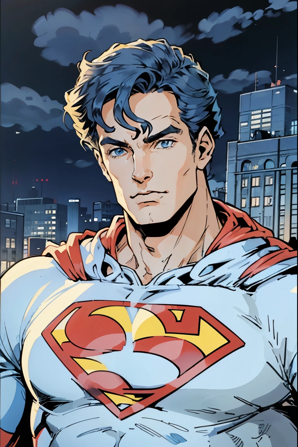 there is a man , ((Superman suit))，(blue eyes),90s comic ,Marvel Comics，background is New York city's，professional comic book style, prominent outline linework