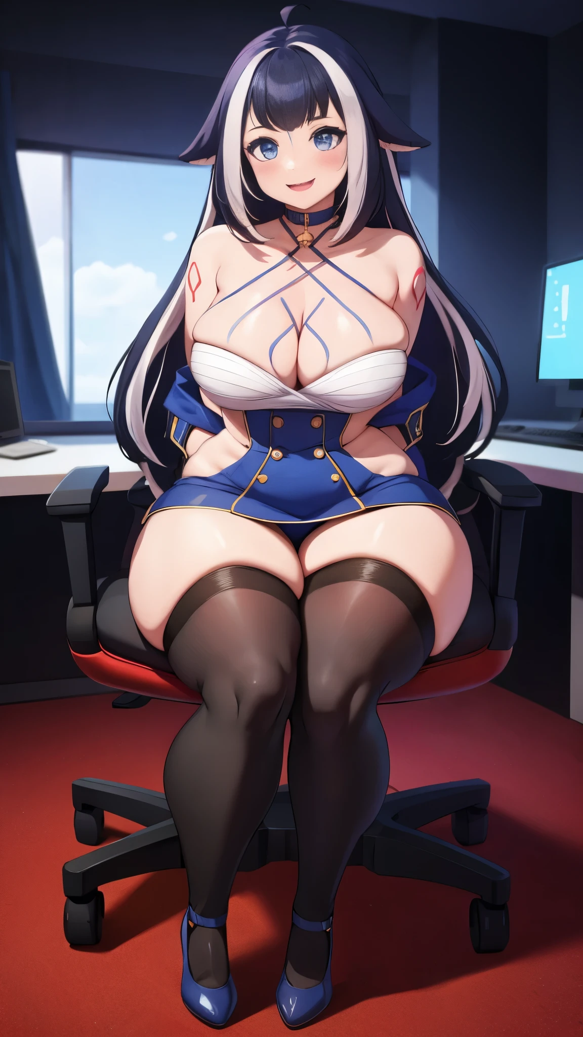 Shylily, 1 woman, teasing. sitting on gaming chair. wide hips, thick thighs. black with golden lining clothes. thick. small bust. wide waist,