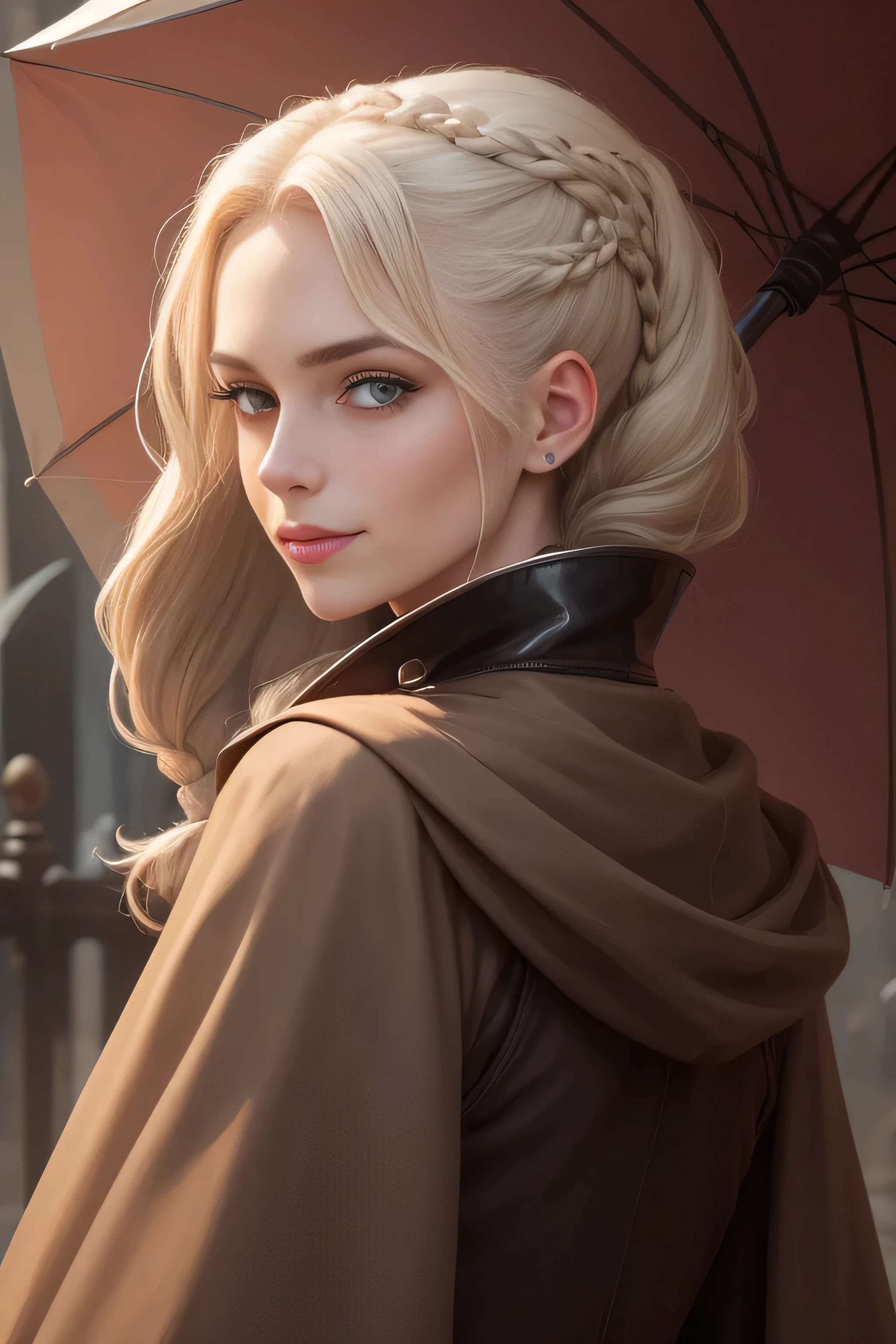 brown cloak with oversized collar, Victorian female outfit, umbrella, biting lip, looking back at camera seductively, flat chest, Brett Cooper, innocent, smile, flat chest, platinum blonde hair, brown eyes, muscular shoulders, braid, side of head shaved, freckles on nose.