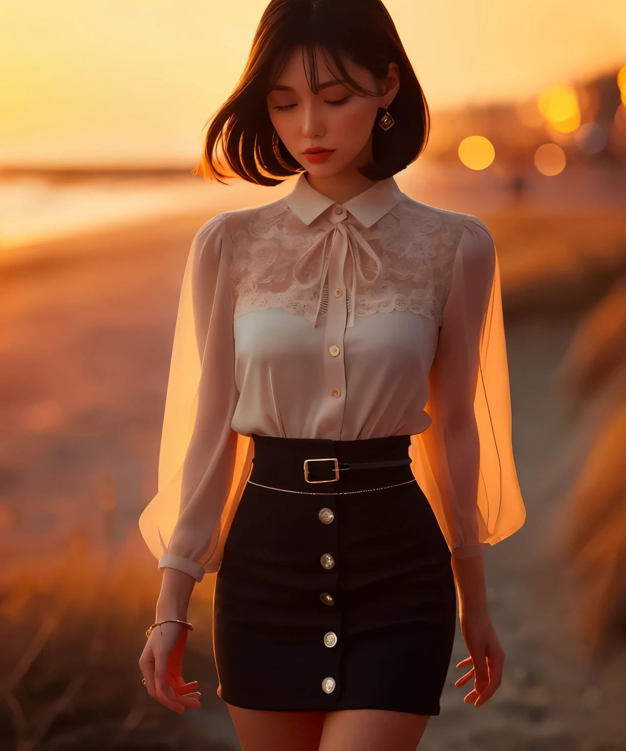 woman looking at the sea、Woman standing on the beach with the setting sun behind her at dusk、Depth of the bounds written、Soft orange light illuminating a woman、((thick waist))、skin texture、the person is clear、nostalgic atmosphere、one woman standing、light makeup、clear picture、attractive woman、flowing silhouette、woman wearing a blouse and tight skirt、Symmetrical blouse, tight skirt, and thin belt、Elegant materials and design、one small earring in each ear、sophisticated style、Wind information that makes your hair sway
