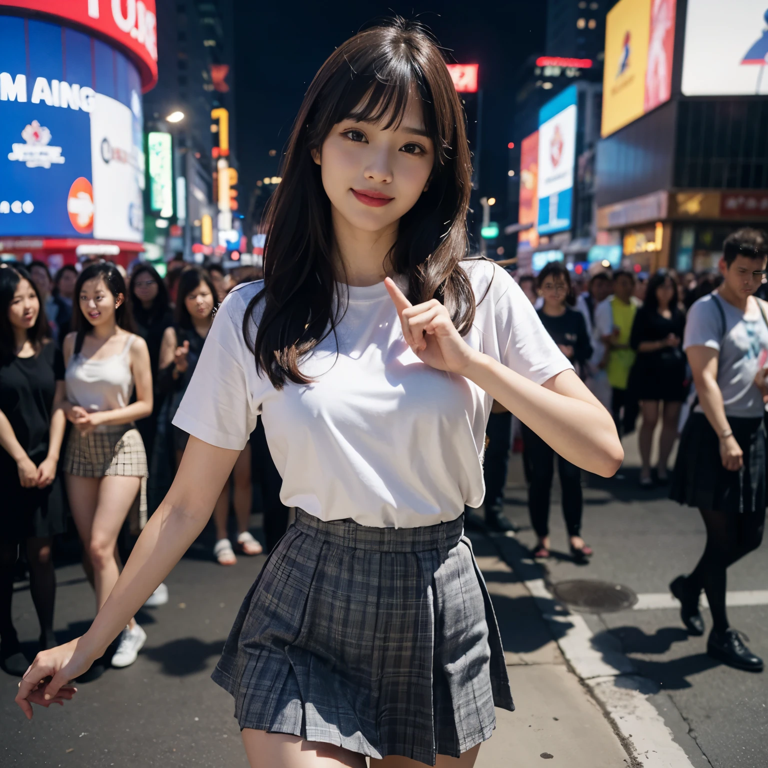 (RAW photo、highest quality)、(realistic、Photoreal:1.3)、highest quality、masterpiece、very delicate and beautiful、A hvery detailed、nffsw、sense of oneness、2k wallpaper、growing up、Beautiful in every detail、masterpiece、軽いsmile、highest quality、Hvery detailed ticker Unity 8K wallpapers、huge file size、Super detailed、High resolution、very detailed、(Dancing wildly on stage during a gorgeous concert set:1.4)、(((unparalleled beauty:1.5)))、((precise fingers:1.5))、(wear underwear:1.5)、(wear casual clothes wear skirts:1.5)、(Walking in front of Times Square in New York at night)、look at the camera、18-year-old、medium breasts、shine、intricate details、Shitsumeka、1 A woman stands in front of the camera、smile、 information