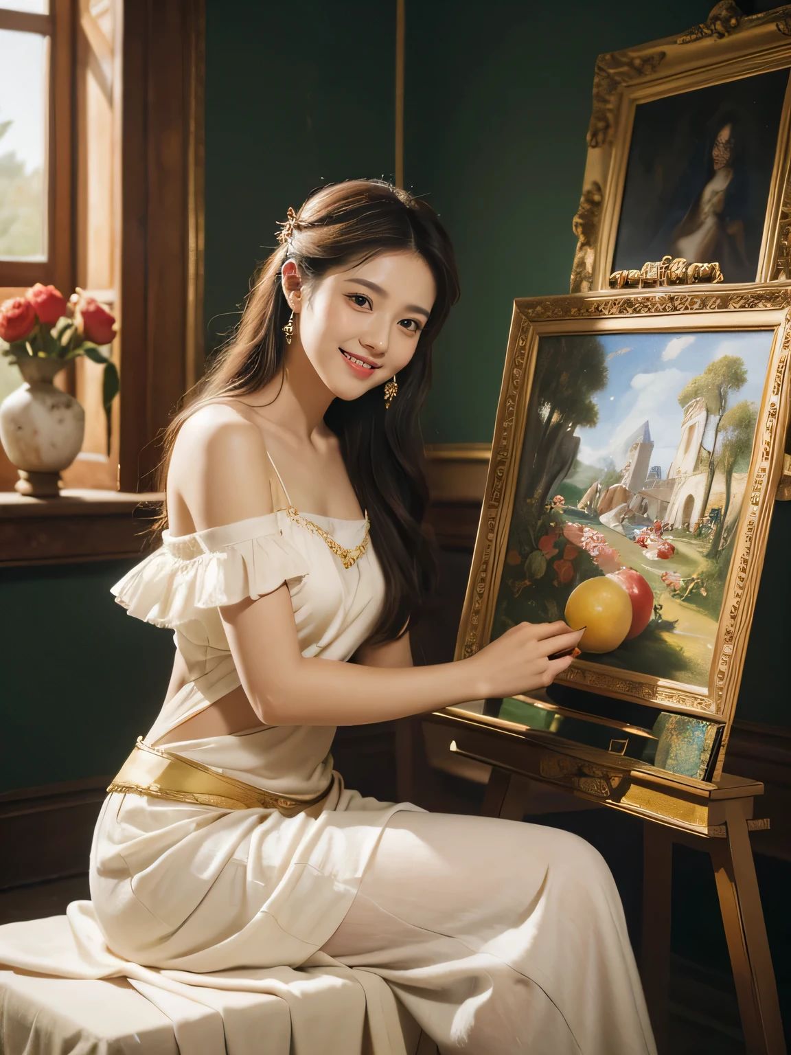 Giorgione painting style,roses in vase、fruits、Cute trinkets、smile、ancient greek costume、Clothes that stretch your shoulders、A big smile、beautiful bare skin,Female painter painting oil in her studio,Woman painting in oil with oil brush and palette,Woman painting oil on canvas