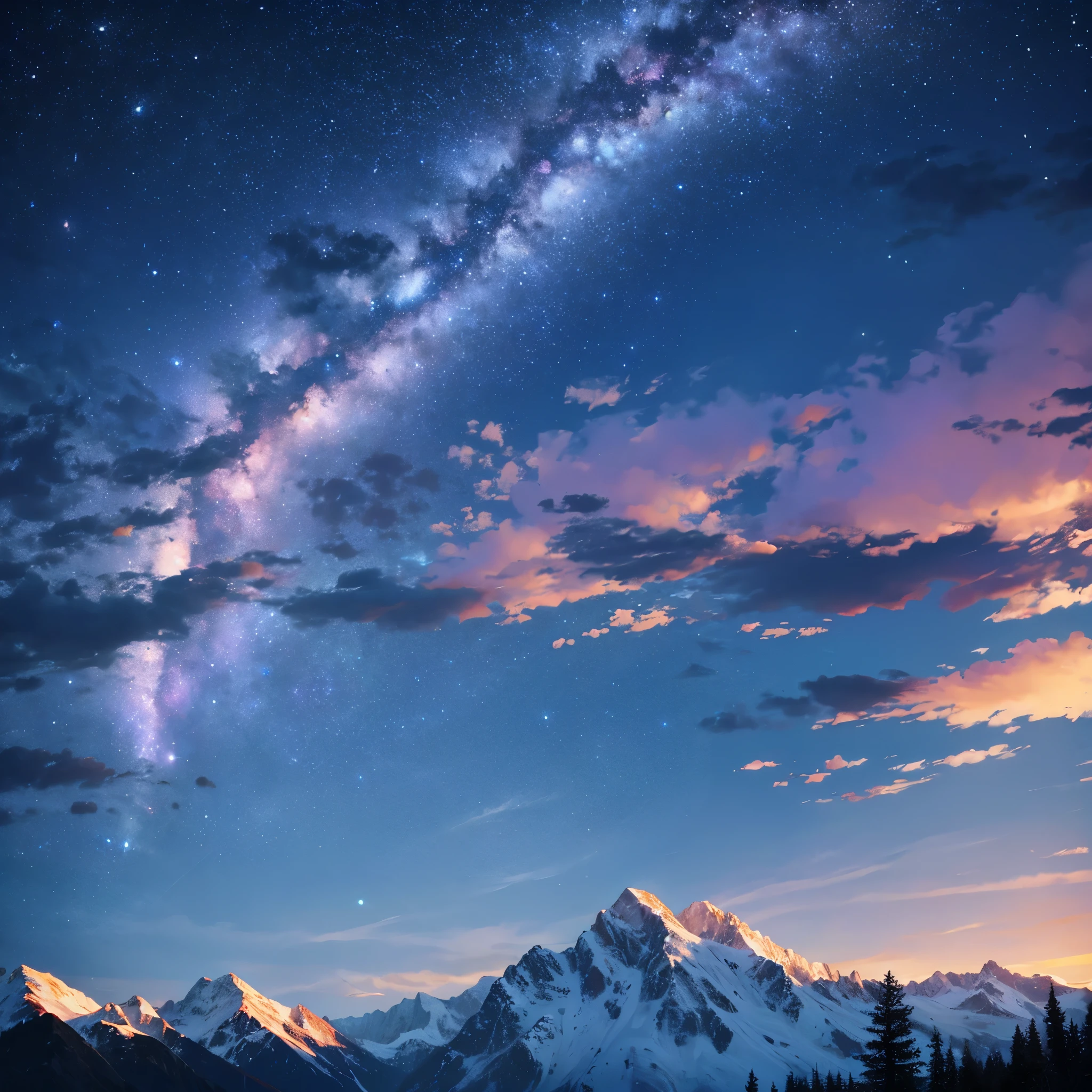 Mountain view, dusk, sky full of stars, comet, Gradient sky
