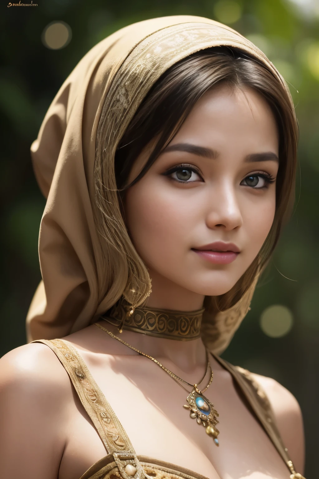 colorful, tombraider, cleavage, hijabi, Absurd, ultra-detailed, high quality, masterpiece, detailed face, beautiful eyes(detailed eyes), javanese, gentle and graceful, face exudes warmth and kindness, eyes described as soft and comforting, gentle and steady gaze, overall appearance is simple and modest, The fabric of her garments is usually depicted as soft and earth-toned, beauty lies not in extravagant adornments, Her smile is serene and welcoming