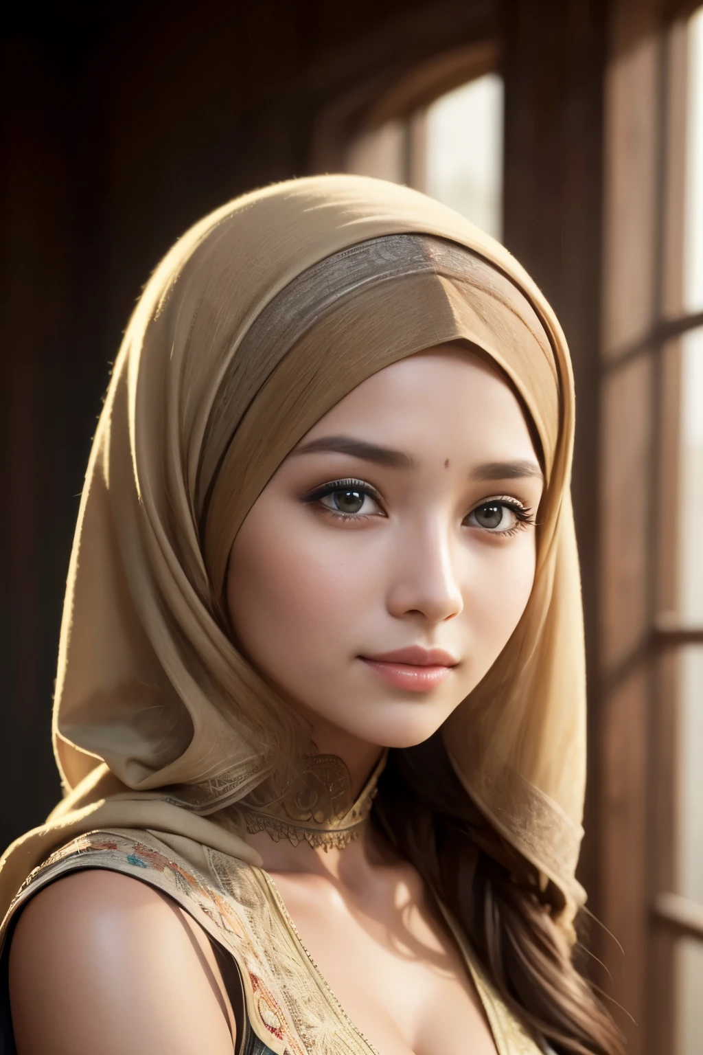 colorful, tombraider, cleavage, hijabi, Absurd, ultra-detailed, high quality, masterpiece, detailed face, beautiful eyes(detailed eyes), javanese, gentle and graceful, face exudes warmth and kindness, eyes described as soft and comforting, gentle and steady gaze, overall appearance is simple and modest, The fabric of her garments is usually depicted as soft and earth-toned, beauty lies not in extravagant adornments, Her smile is serene and welcoming