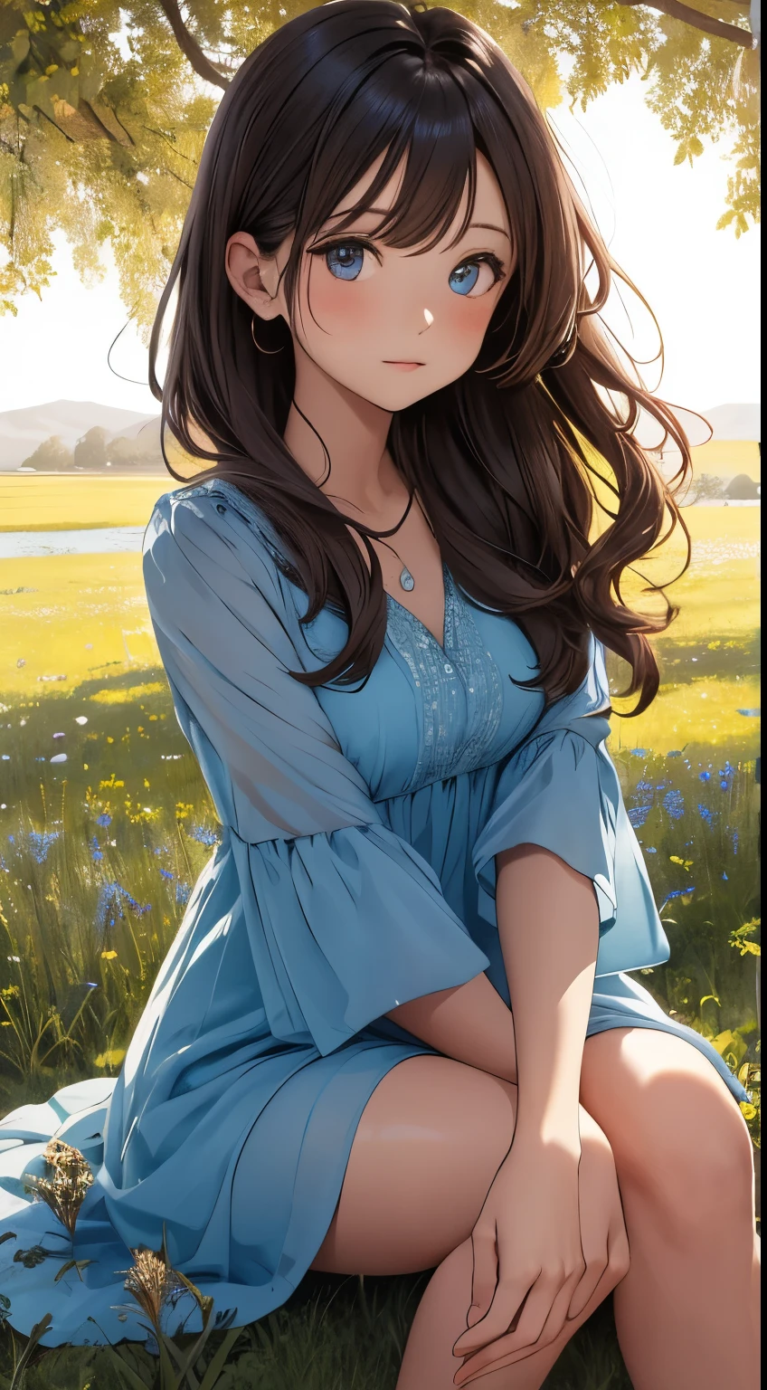 Picture her in a flowing, azure blue dress that catches the sunlight. Her eyes are a deep, expressive brown, and her hair, a cascading chestnut. Imagine her sitting gracefully on the edge of a tranquil grassy field, with wildflowers dancing in the breeze. The setting sun paints the sky in warm hues, creating a serene atmosphere. 