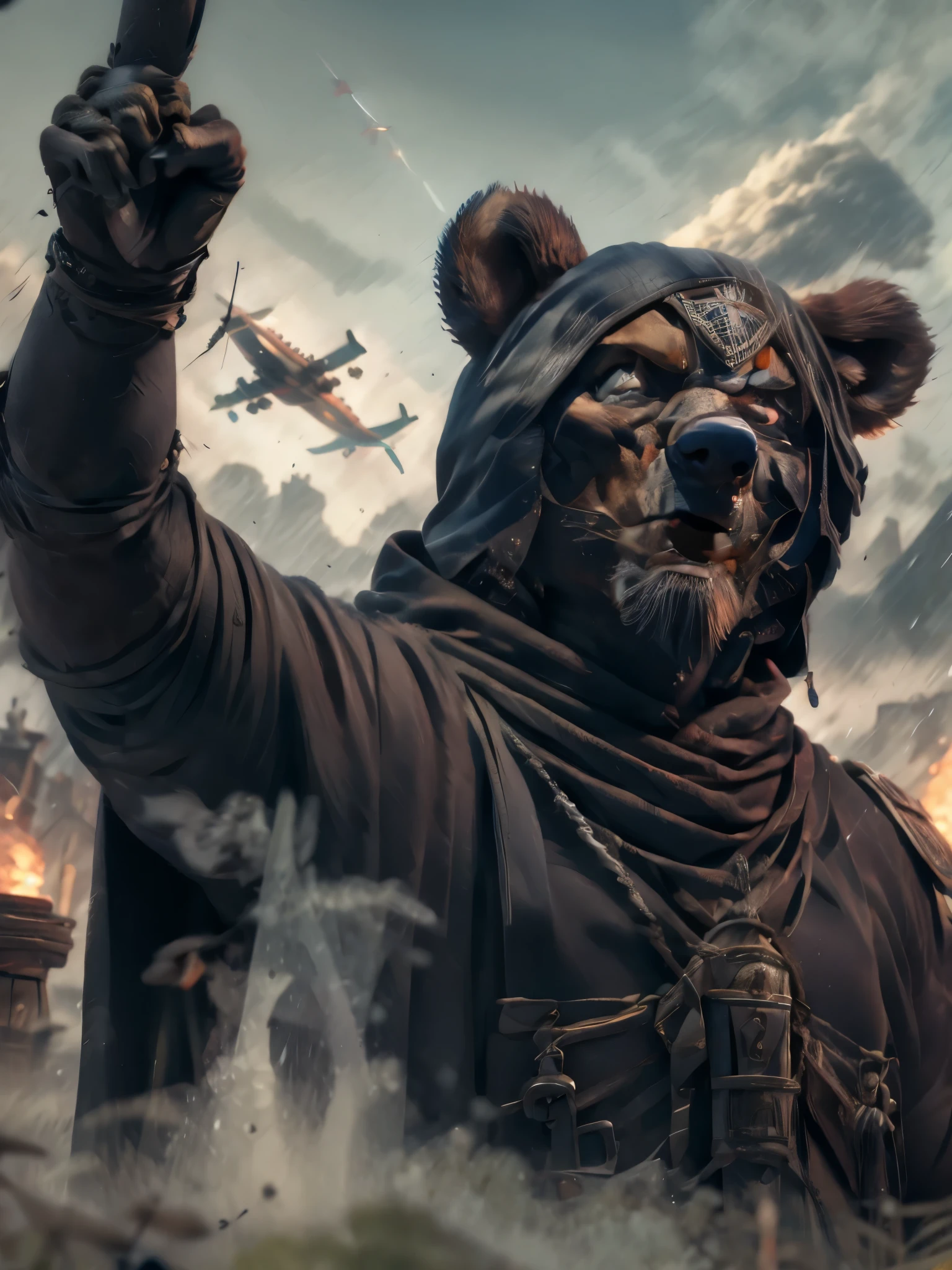 A bear that symbolizes the bear market，Arms outstretched Nazi gesture，german 意志 worldwar three！！One arm straight，slightly raised，Powerful and domineering，cold，Symbolizes hope，first ceremony，general，justice ！ serious，HD，Perfect details，Clear body portrait，mascot，Cartoon，war，bad weather，cold，End of the century，airplane，dust，奥汀 war之王，air defense tower，，，military uniform，Mythical wind，A beard on the nose between the lips，dark night，