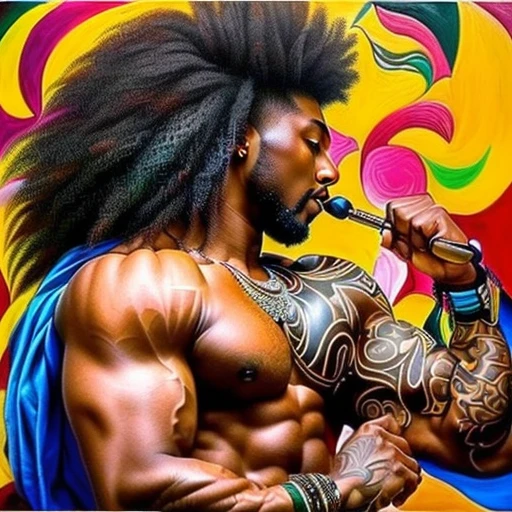 ultra-detailed, high ((best quality)), ((art)), majestic and intricately detailed smooth oil painting (beautiful Nigerian, 1 arena fighting with a lion, muscular body, graceful, sensuality, orgasm, eroticism, tattoos afro all over the body, refined and elegant, cubism style, Salvador Dali style -ar 9:16 - v6