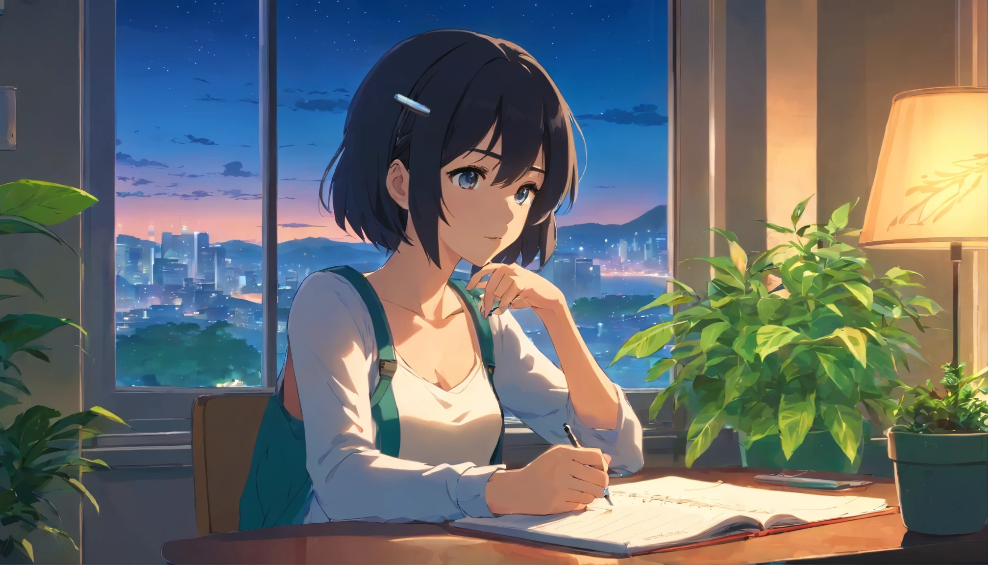 anime girl with headphones looking out a window at a city, lofi girl, anime vibes, lofi artstyle, anime style 4 k, anime aesthetic, nightcore, lofi feel, lofi art, anime art wallpaper 4 k, anime art wallpaper 4k, anime wallpaper 4 k, anime wallpaper 4k, lofi vibes, studying, short skirt, Tank-top, midriff-baring outfit, plants in the room, black hair, full body, have a pen, writing on a notebook, a mobile phone with screen off, a mug, a lighted candle on the table