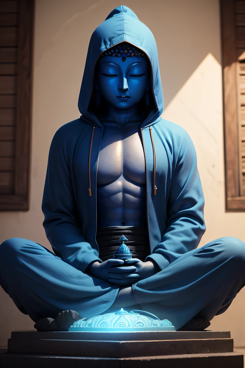 There is a blue Buddha statue facing the front and wearing a hoodie hood,Buddha, Buddha, Buddhism, beautiful images,Buddha,Buddha