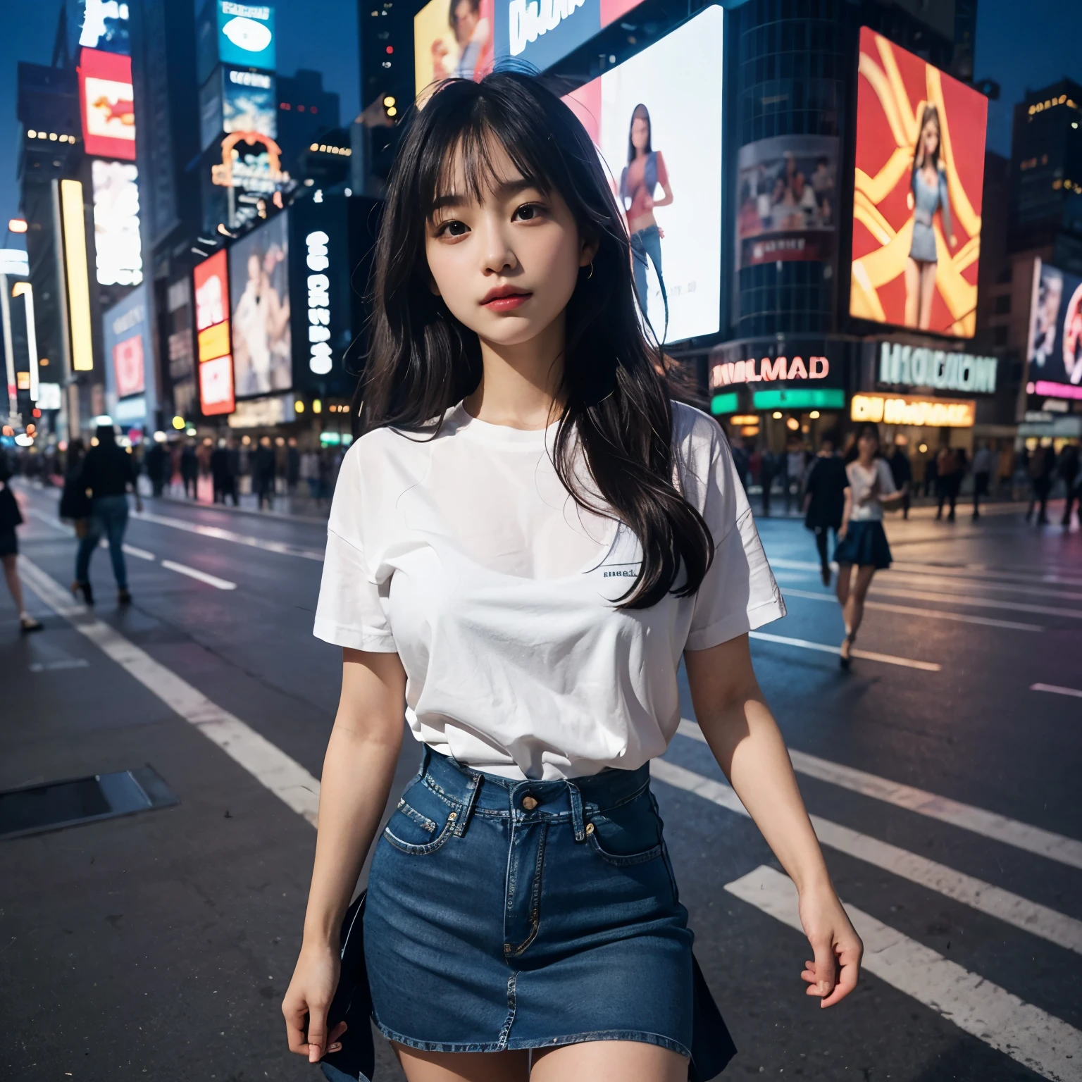 ((masterpiece、highest quality))、shape、Super detailed、8k、realistic、sharp focus、very detailed、professional lighting、colorful details、、detailed texture、skin moisture、shiny skin、perfect style、bow、(((unparalleled beauty:1.5)))、((precise fingers:1.5))、(wear underwear:1.5)、(Wear jeans and a shirt, wear a skirt:1.5)、(Walking in front of Times Square in New York at night)、look at the camera、18-year-old、medium breasts、shine、intricate details、Shitsumeka、1 A woman stands in front of the camera、smile、 information