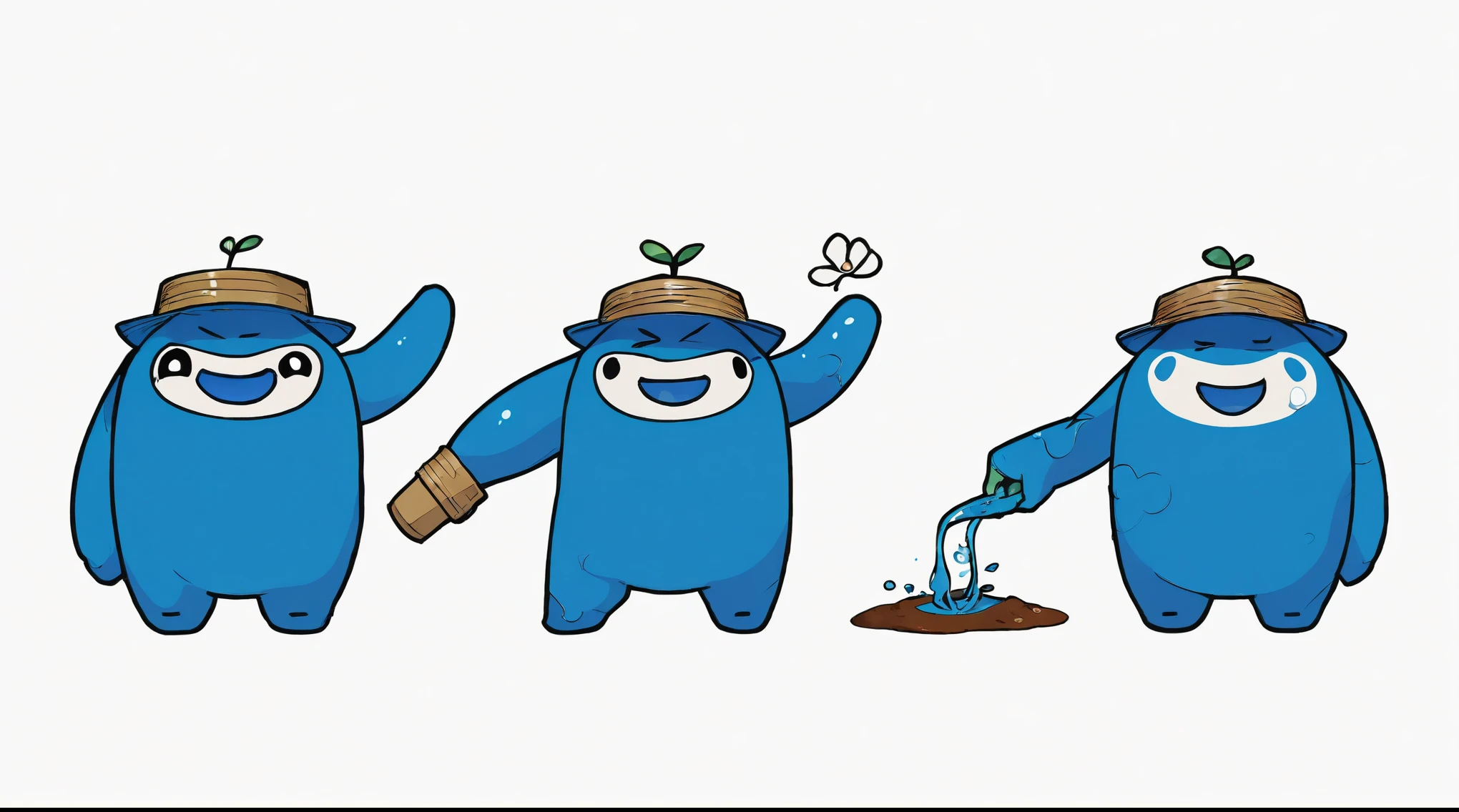 Three cartoon characters are watering plants, tardigrade, Character covered in liquid, Spot anime, Lax, mascot illustration, 2d illustration, 2d illustration, Banana Blue Gang, 🚿🗝📝, Japanese mascot, color illustration, sticky tar. concept art, cute coronavirus creature, Totor, Child playing with slime monster