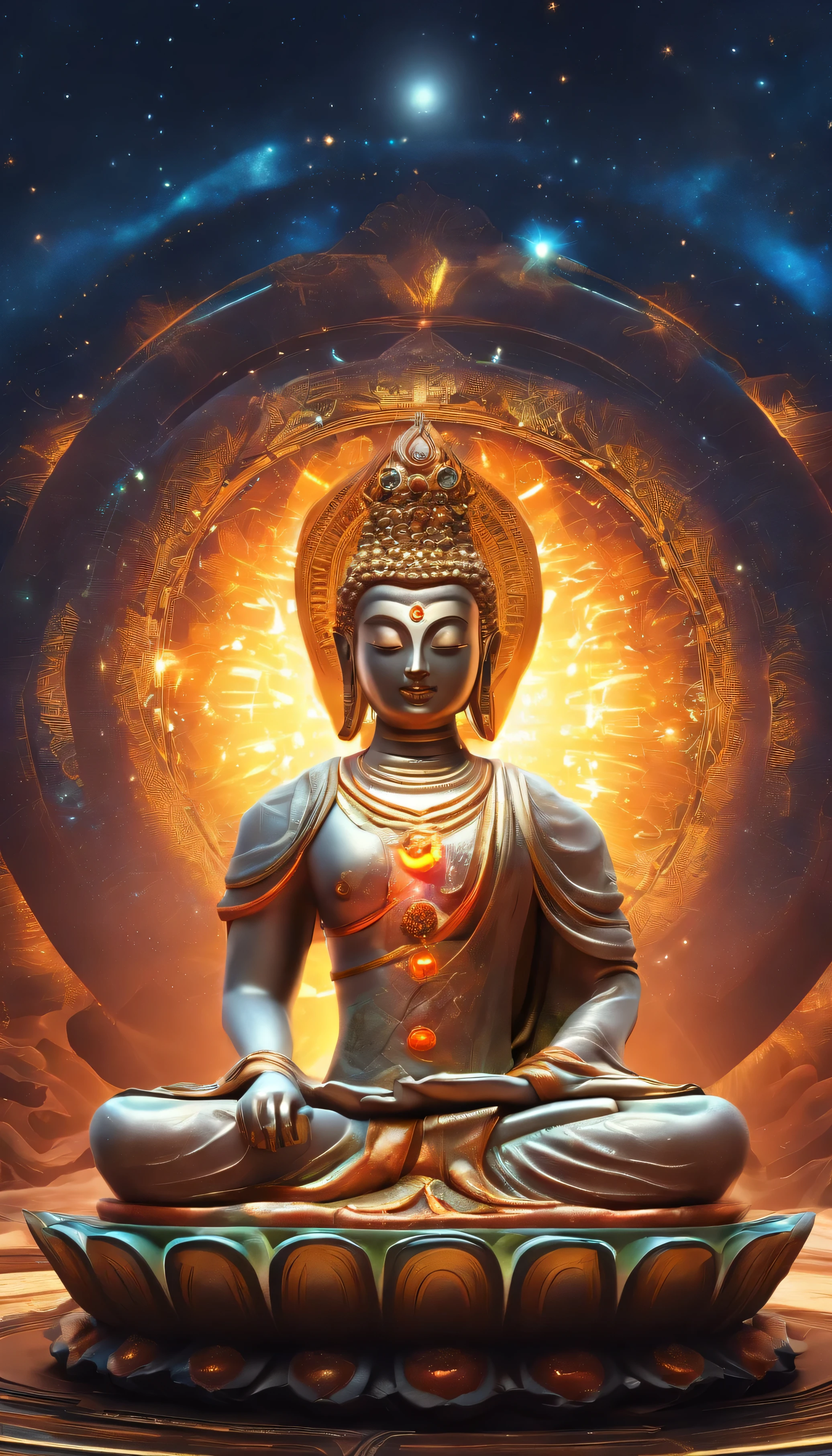 Bodhisattva meditating deep in the universe, elegant atmosphere, Aurico depicting chakras，galactic aperture energy