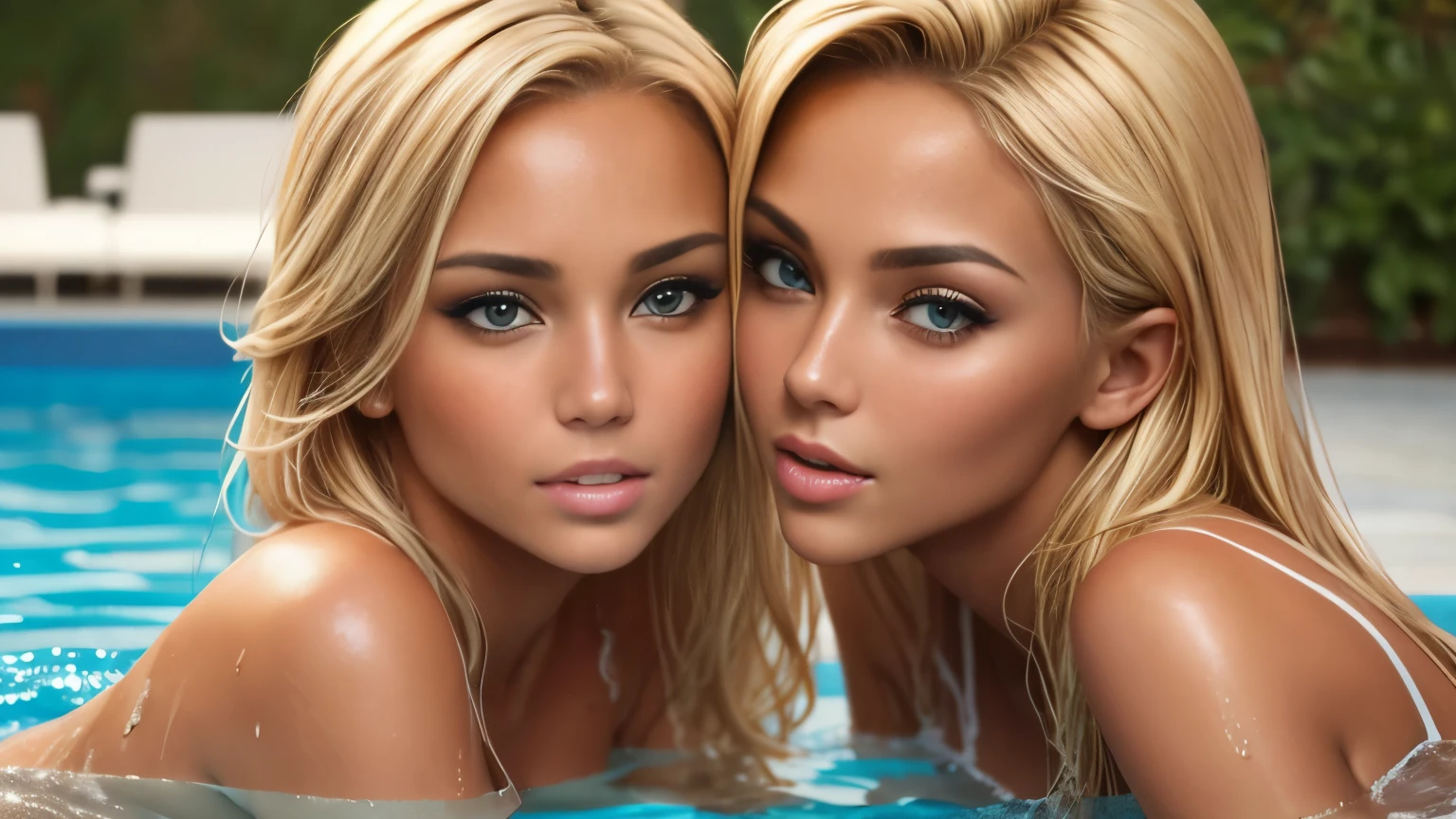 Several tanned women with blond hair ((Kissing)) in the swimming pool, seduce, desired face, Naughty look, Red checkbone, (masterpiece), best quality, expressive eyes, wet skin, perfect face, photo , ((realistic))