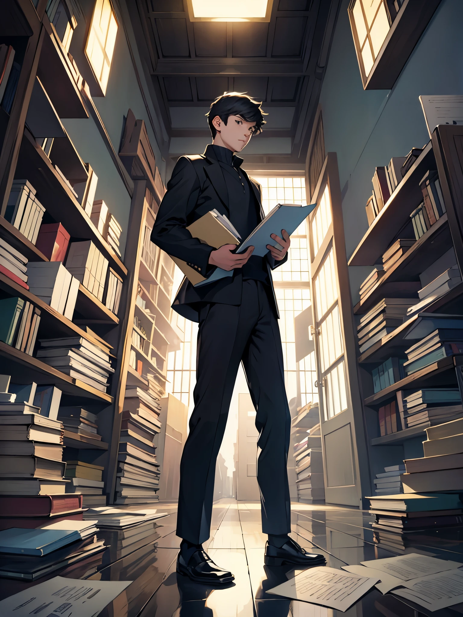 a young man surrounded by floating books, with opened pages and scattered pages, a mirror