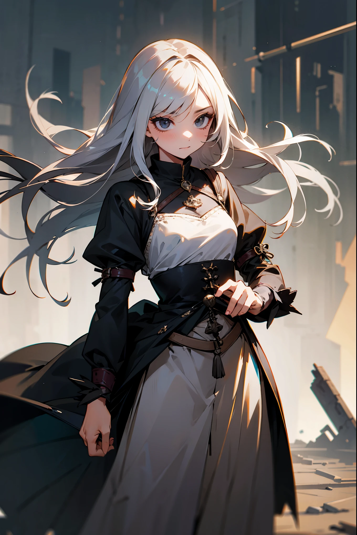 1 woman, black robe, green eyes, white hair,anime, realistic,Black head covering,ultra detail