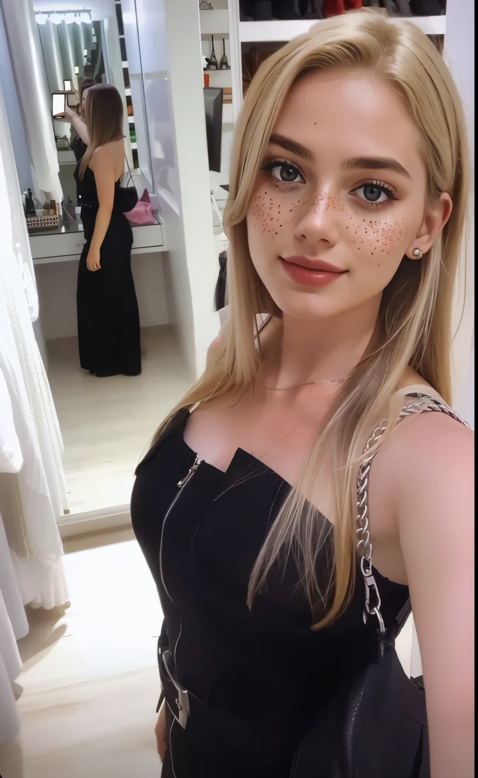mulher, americana, 25 anos, pale skin and freckles, olhos cinzas, nariz delicado, soft and delicate lips, longo, cabelo blondie longo e ondulado na altura da cintura, sorriso meigo,