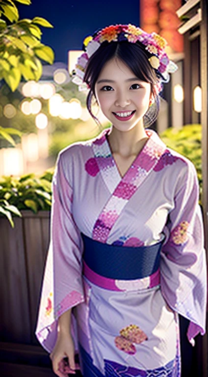 (girl with), Beautiful girl of the highest grade, Open mouth slightly, Realistic, extremely detailed CG unified 8k wallpaper, ighly detailed, High-definition raw color photos, professional photograpy, Realistic portrait, Cinematic Light, beautiful detailed women, 25-years old,  (:1.1),  ((floral Yukata:1.5),  Outdoors, Night, (Best Quality:1.4), Super Detail, High quality, masutepiece、A city scape,