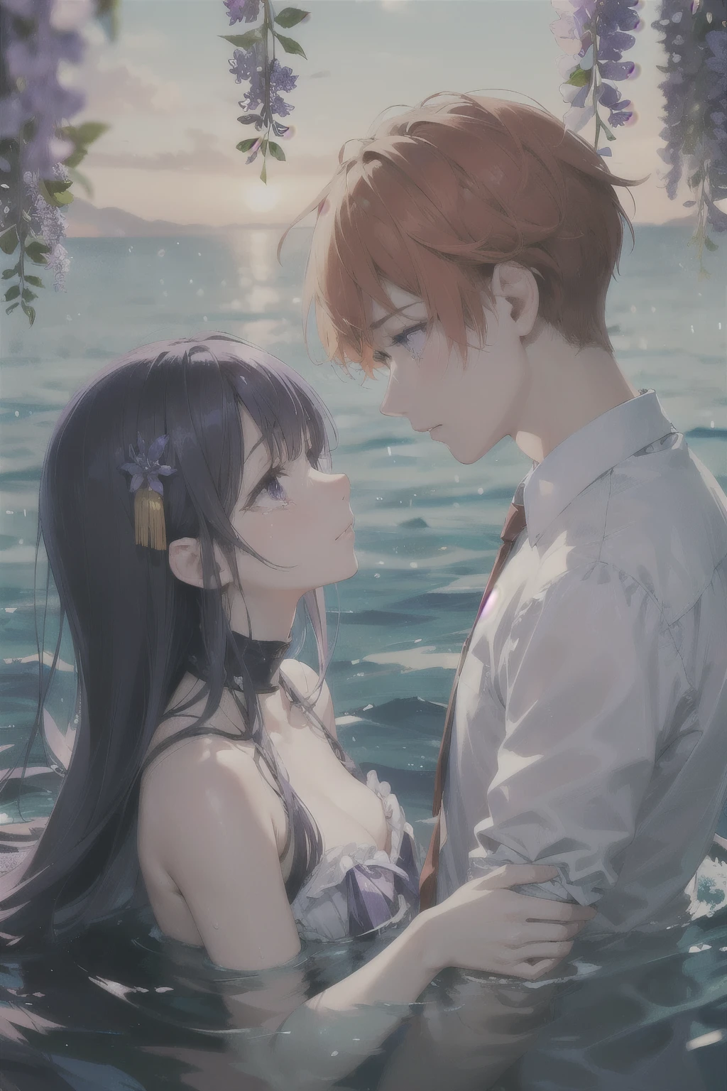 2 people、(1 boy、Gaze to the side、profile、tears、orange hair、beautiful、In the sea、sad expression、short hair、beautifulまつ毛、purple eyes、flowing wisteria、In the sea、) (1 girl、Gaze to the side、profile、tears、ultramarine hair、beautiful、In the sea、sad expression、long hair、beautifulまつ毛、purple eyes流れる藤、In the sea) man and woman facing each other、looking at each other