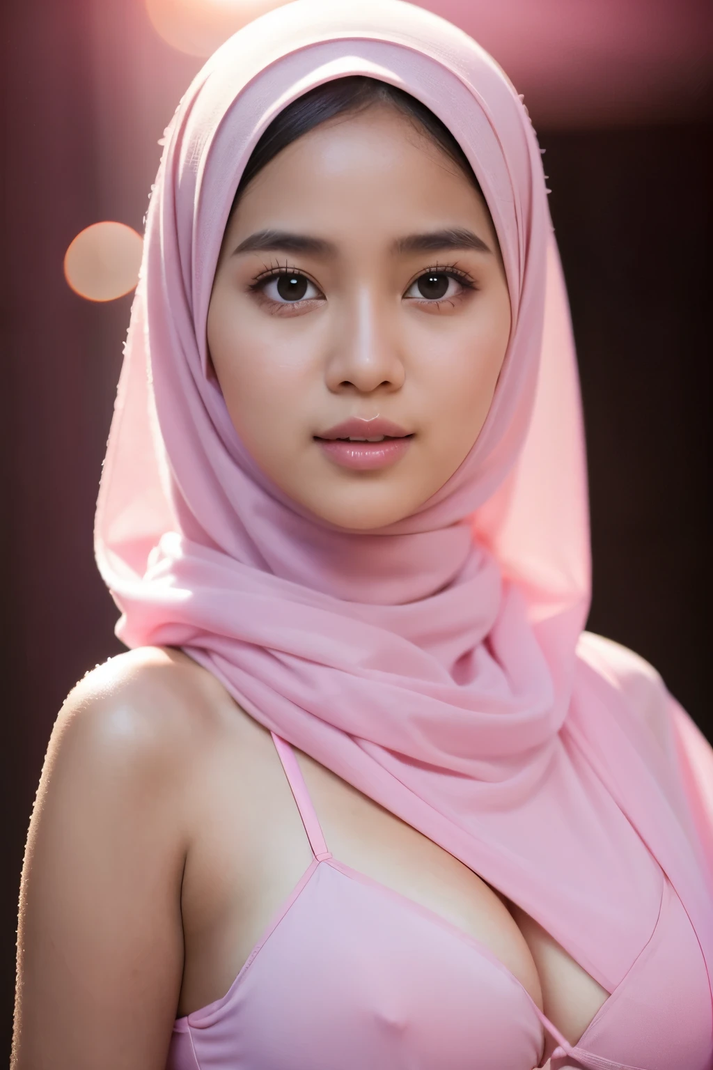 1 malay girl , modern plain hijab, shy, medium portrait shot , watery eyes , pink glowing particles, wear pastel pink lingerie,(( big breast)), pink light bokeh background, proportional body,