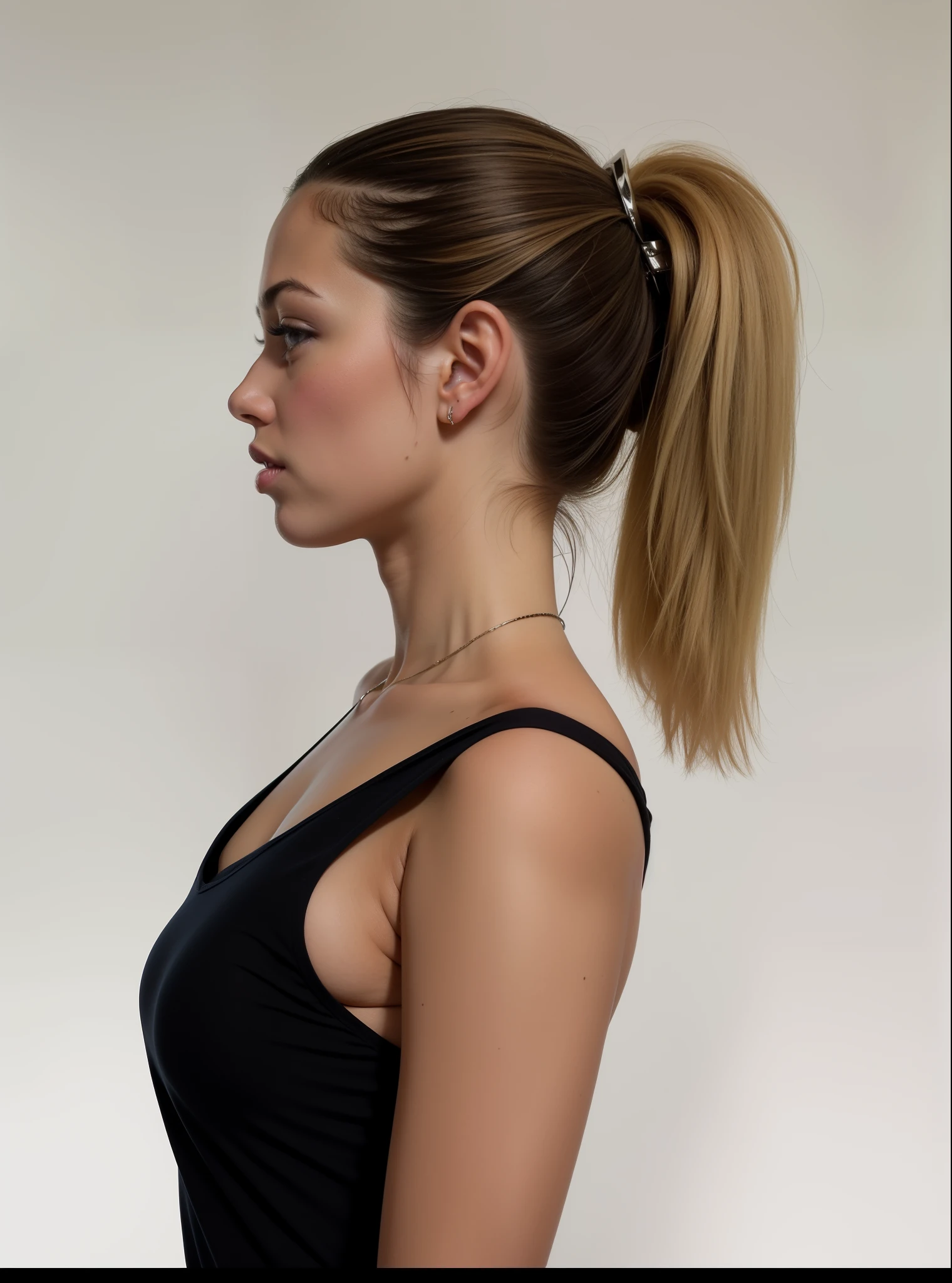 arafed woman with a rabo de cavalo in a black top and a black top, rabo de cavalo, Retrato lateral, hair in a rabo de cavalo, brown hair in a rabo de cavalo, rabo de cavalo hair, pose lateral, showing the shoulder from behind, short rabo de cavalo, posou de perfil, pose de perfil, rabo de cavalo, long rabo de cavalo, hair tied in a rabo de cavalo, perfil lateral cintura para cima retrato, with a rabo de cavalo