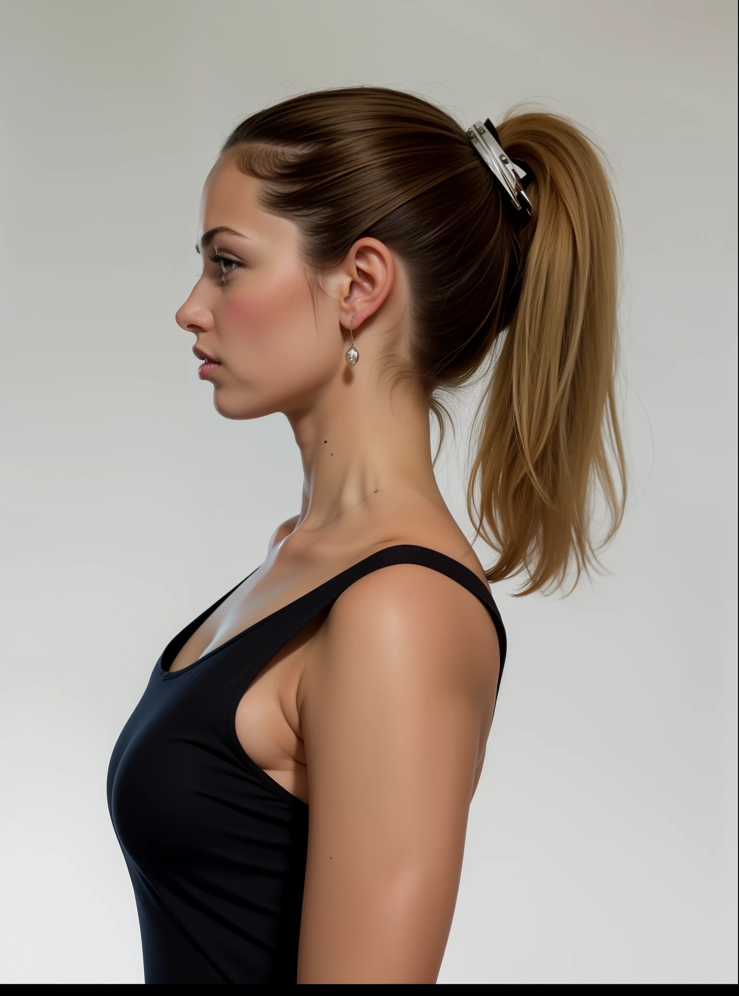 arafed woman with a rabo de cavalo in a black top and a black top, rabo de cavalo, Retrato lateral, hair in a rabo de cavalo, brown hair in a rabo de cavalo, rabo de cavalo hair, pose lateral, showing the shoulder from behind, short rabo de cavalo, posou de perfil, pose de perfil, rabo de cavalo, long rabo de cavalo, hair tied in a rabo de cavalo, perfil lateral cintura para cima retrato, with a rabo de cavalo