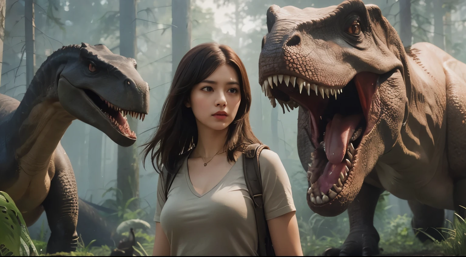 A very beautiful woman. A very cute woman.A beautiful woman. A woman in her twenties.Dark brown hair. She is looking at the camera with a serious expression. Behind her are a giant carnivorous dinosaur and a primeval forest.