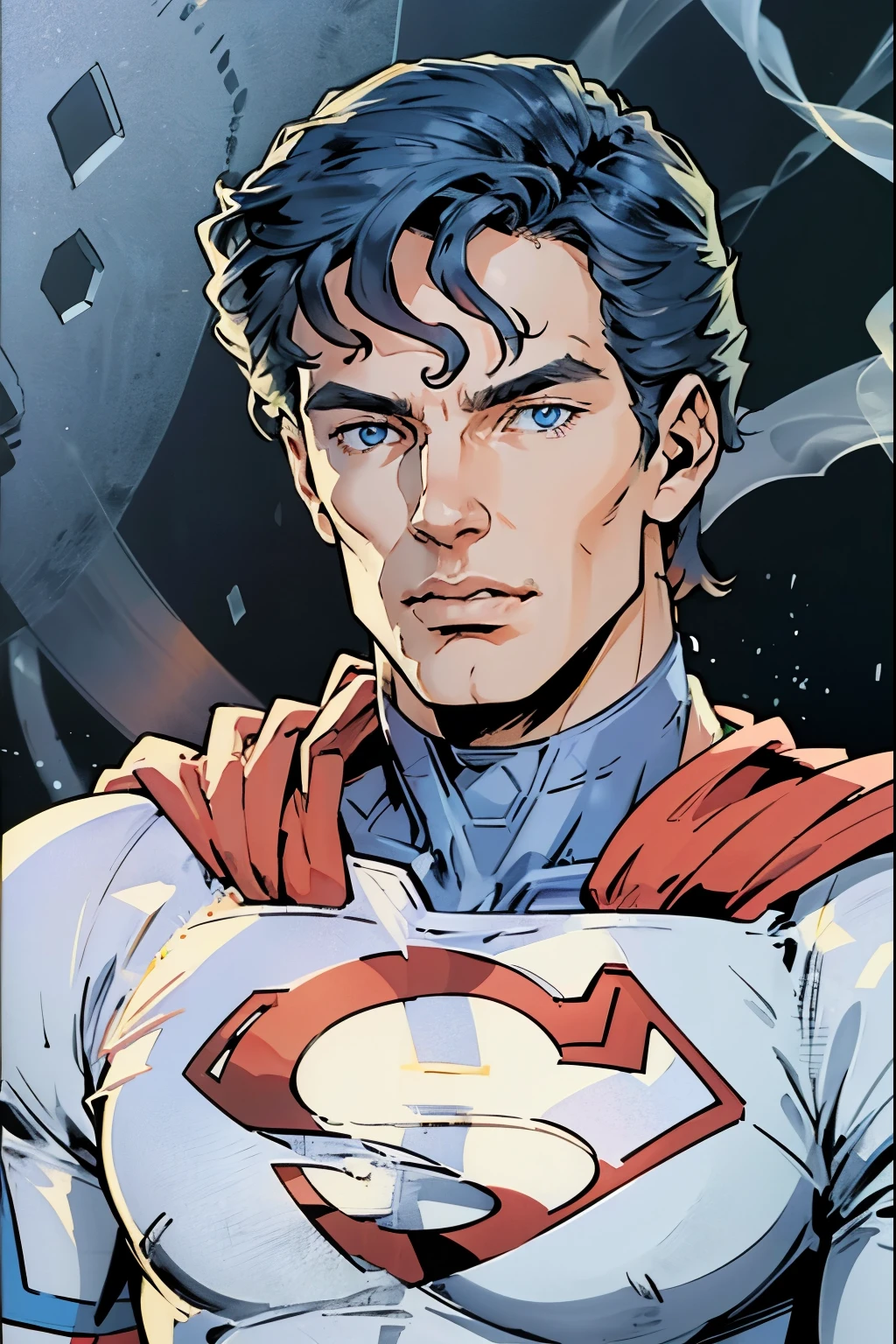 there is a man , ((Superman suit))，(blue eyes),90s comic ,Marvel Comics，background is New York city's，professional comic book style, prominent outline linework