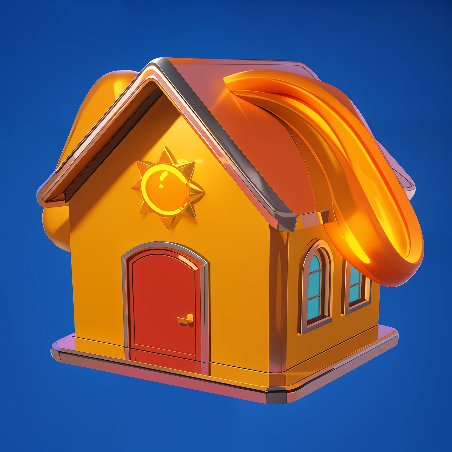 there is a house with ears on the roof, 3D icon for mobile game, sunshine and quaint houses, round house and cute character, in a Candy Land style house, Isometric 3d fantasy sweet home, stylized 3D rendering, Game icon stylized, stylized digital illustration, 3D rendering stylized, stylized 3d render. 3D icon for mobile game, Isometric 3d fantasy sweet home, stylized 3D rendering, 3D rendering stylized, stylized digital illustration, fantastic house, stylized 3d render, cute 3D rendering, Game icon stylized, Особняк Vaporwave, 3 d stylize scene. glossy texture, smooth 3d model, multiple light sources, rim light, sharp post effects render, (glossy metallic texture with multiple big light probe refractions), perfect cgi, cgi art created only with gradients, smooth silhouette, high intensity refraction, (super glossy chrome material), most beautiful vfx, blue background, chrome metal refractions