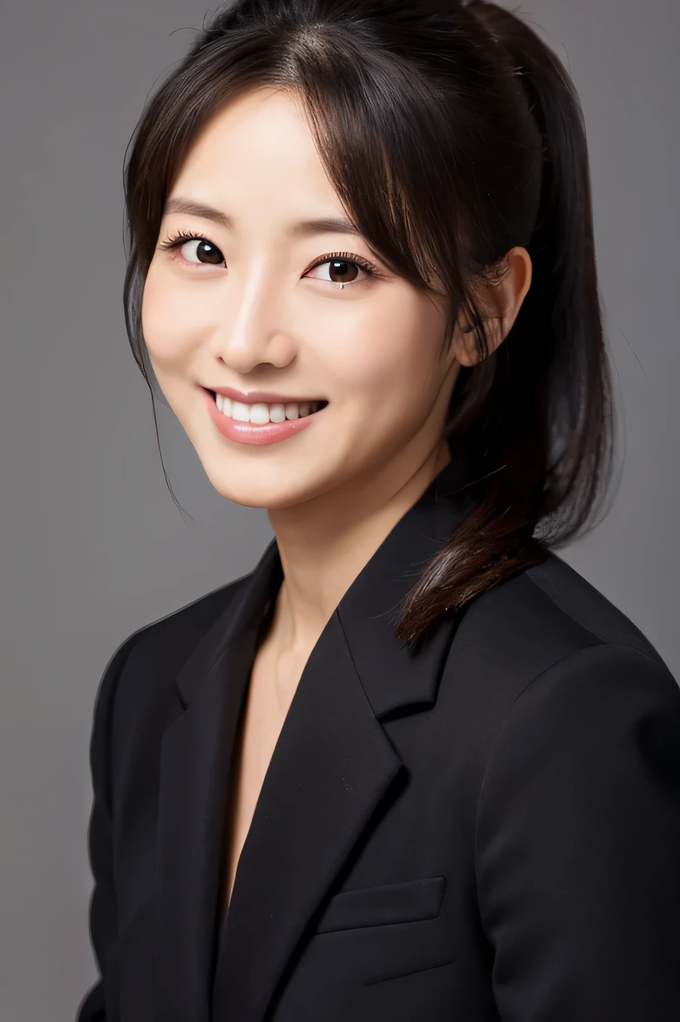 woman,30 years old,suit,front,black hair,plain background,background white,smile,ponytail,Japanese