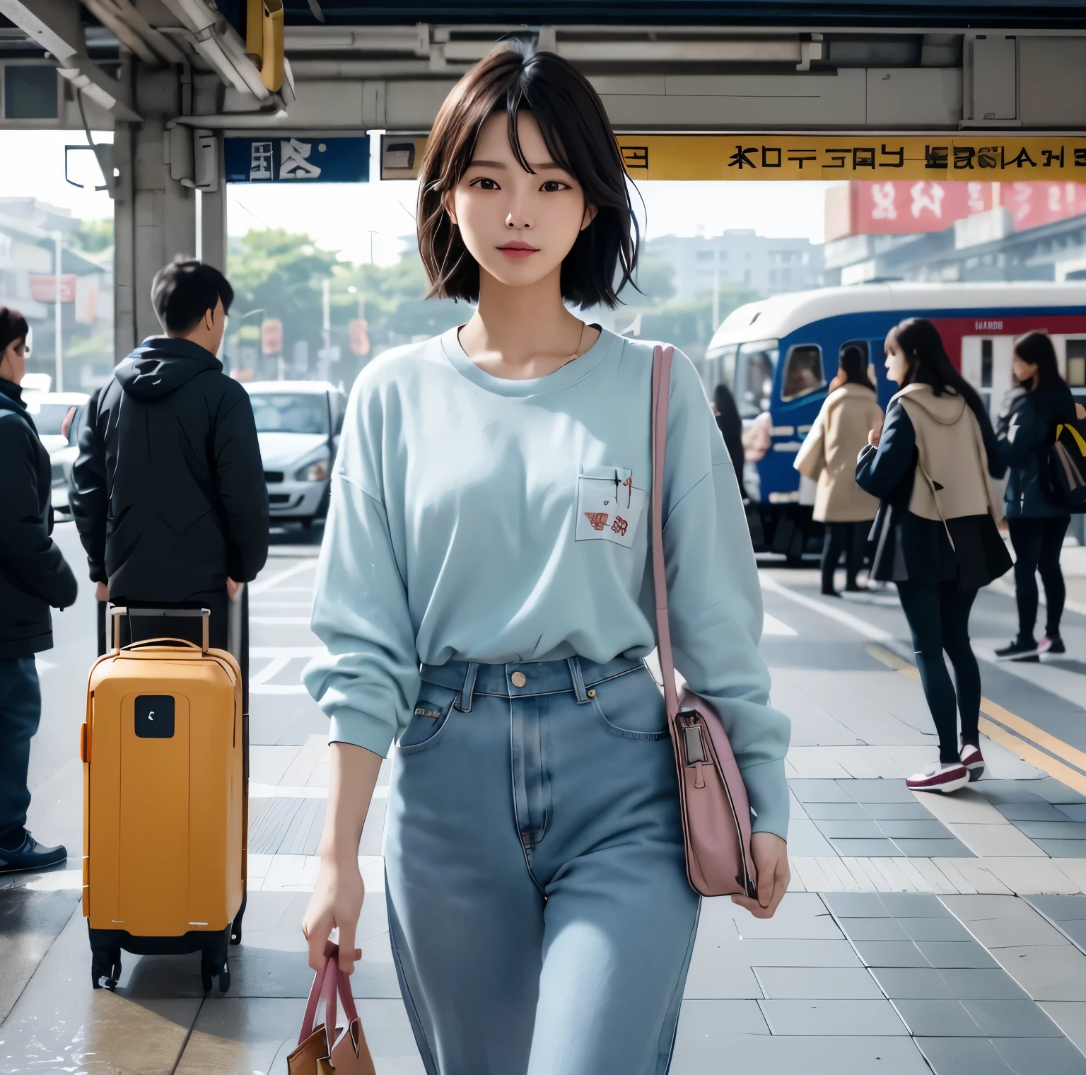 (a woman wearing casual modern outfit,
a woman wearing street fashion outfit,
a woman walking on the street with a suitcase and a handbag,
a Korean female fashion model,
a cute shirt and jeans,
short hair,
travel attire,
a Korean girl,
urban street fashion in Japan,
casual contemporary clothing,
Japanese aesthetic in tourism,
cute casual street fashion,
a woman wearing street fashion attire,
Ulsan,
Japanese street fashion)