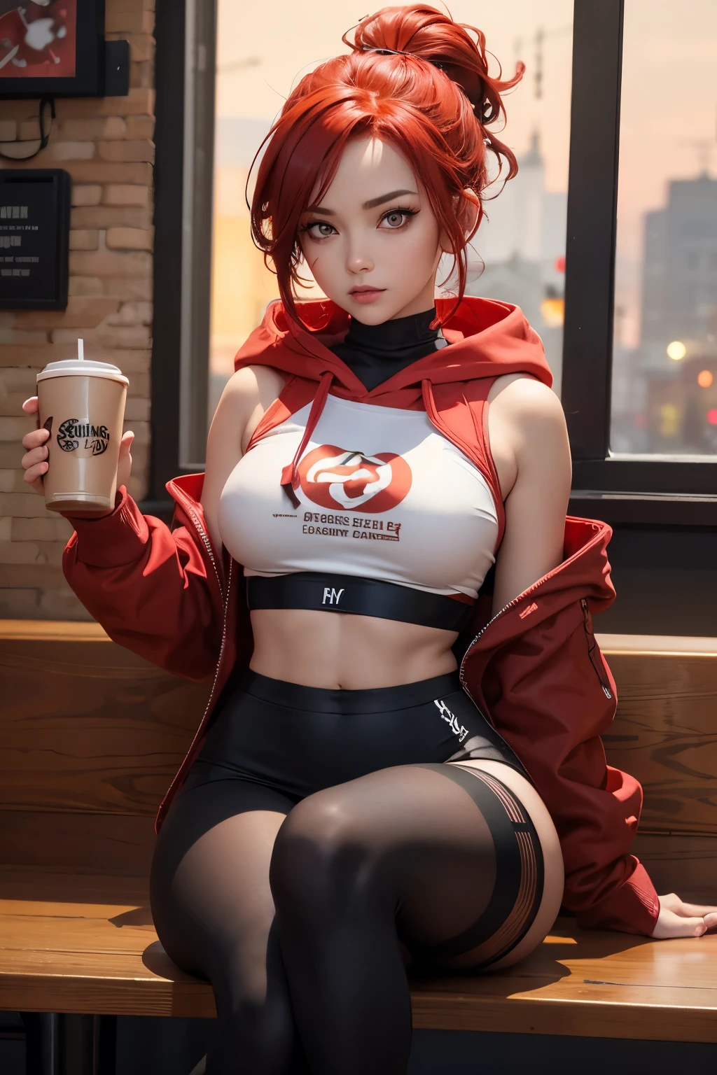 1 girl, Red hair, updo hairstyle, streaks of hair in face, red eyes, mascara, oversized hoodie, midriff, hot pants, tights, laced tights, bags under eyes, sitting, coffee shop, ground angle shot, viewer looking up, feet in tights,  saggy tits, chocker, raw photography, 8k, masterwork,