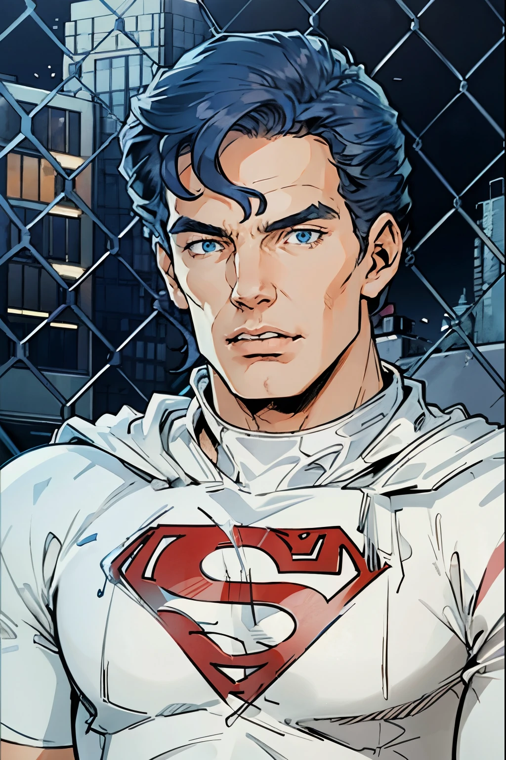 there is a man , ((Superman suit))，(blue eyes),90s comic ,Marvel Comics，background is New York city's，professional comic book style, prominent outline linework