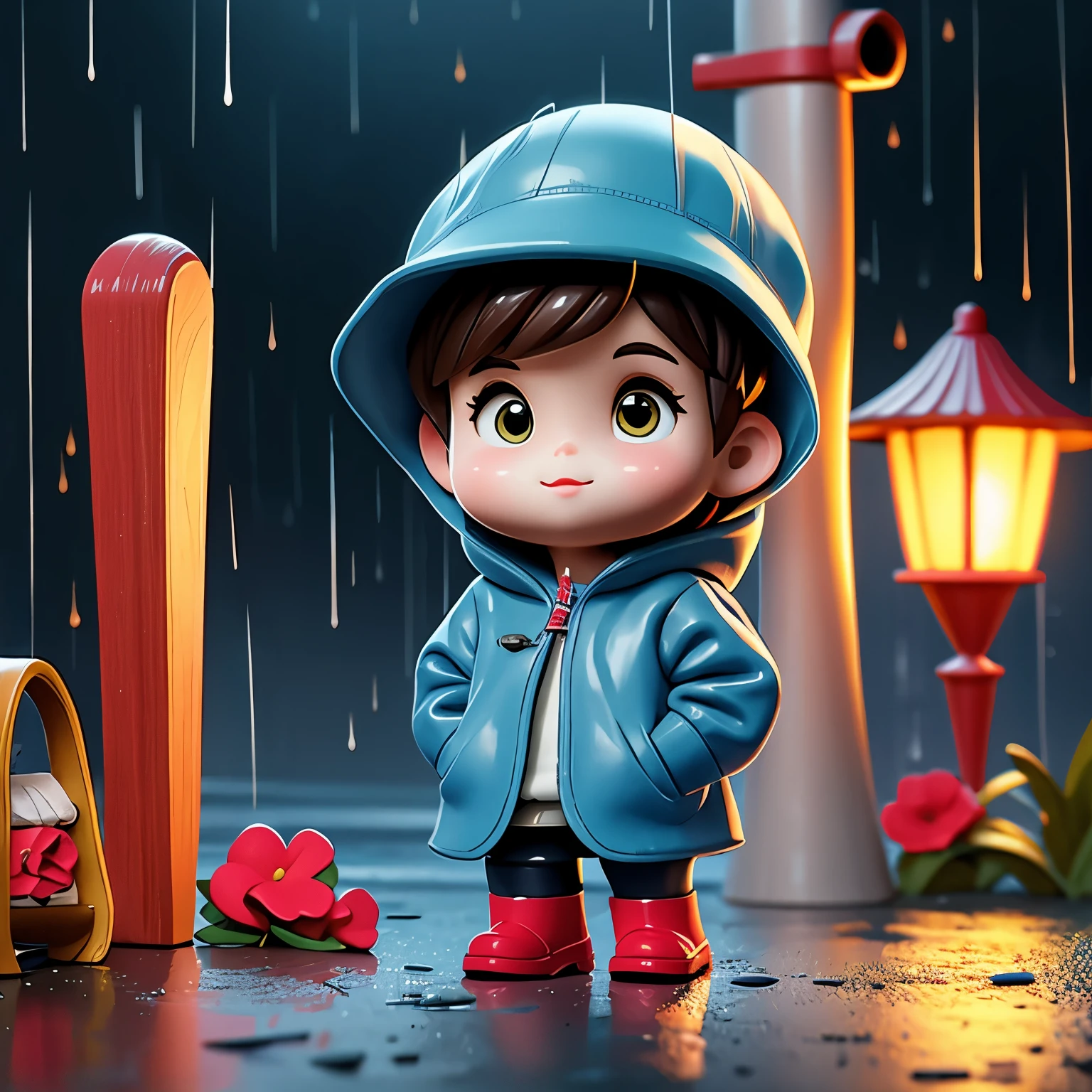 (masterpiece, best quality:1.2),outdoor on grass，rainy day， 1 cartoon character, alone， hands in pockets，Wear a hat、wearing rain coat, Blue rain boots, red umbrella, charming，Brilliant lights