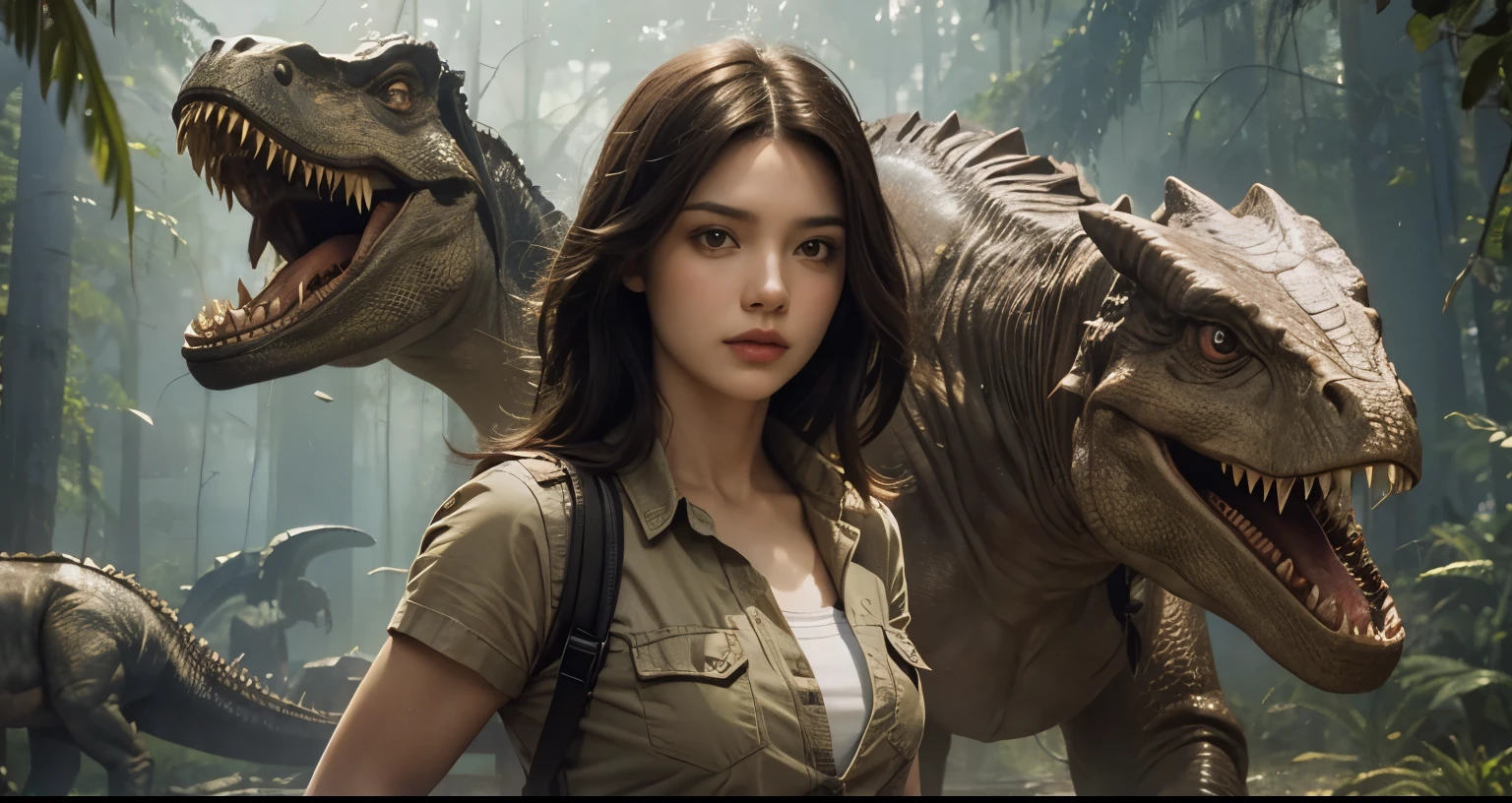A very beautiful woman. A very cute woman.A beautiful woman. A woman in her twenties.Dark brown hair. She is looking at the camera with a serious expression. Behind her are a giant carnivorous dinosaur and a primeval forest.