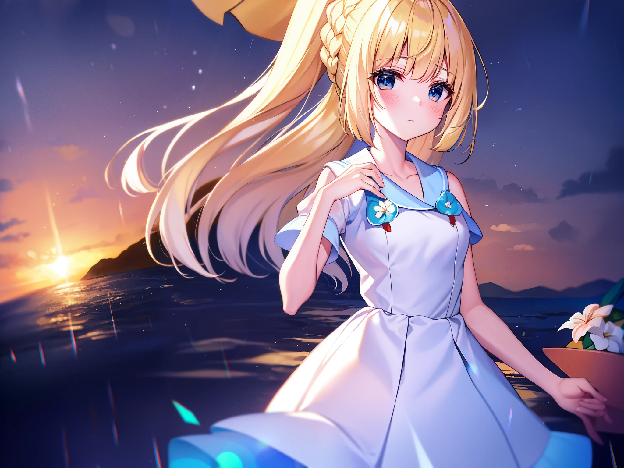 Pokémon、solo、1 person、sunset、Tropical Alola region、Lillie、Snow-white skin and long pale blonde hair、White princess-line sleeveless dress and white wide-brimmed hat、french braid、high ponytail、blue mini skirt、blue pleated skirt、sailor color、shirt、short sleeve、blue skirt、白いshirt、white skirt「Lady」、blonde girl、Pippi Ningyoya Cosmetics、orthodox heroine、Lily flower、Escape from the rain and take shelter together in a cave、Lillieは月の象徴で、Hau is the image of the sun。Lillieが月ではなく、I will become a shining sun」、pacifist、Directional tone deafness、