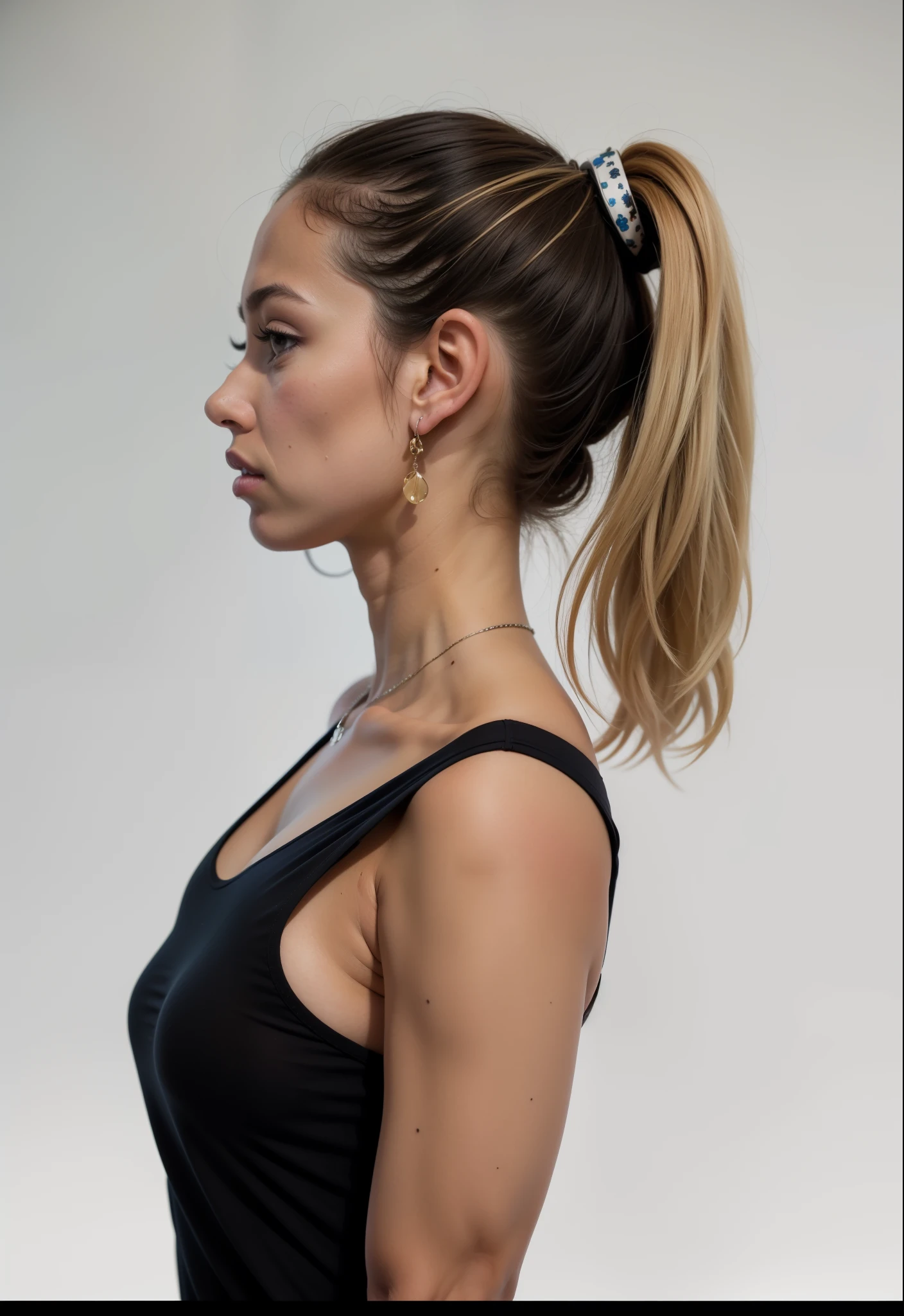 arafed woman with a rabo de cavalo in a black top and a black top, rabo de cavalo, Retrato lateral, hair in a rabo de cavalo, brown hair in a rabo de cavalo, rabo de cavalo hair, pose lateral, showing the shoulder from behind, short rabo de cavalo, posou de perfil, pose de perfil, rabo de cavalo, long rabo de cavalo, hair tied in a rabo de cavalo, perfil lateral cintura para cima retrato, with a rabo de cavalo